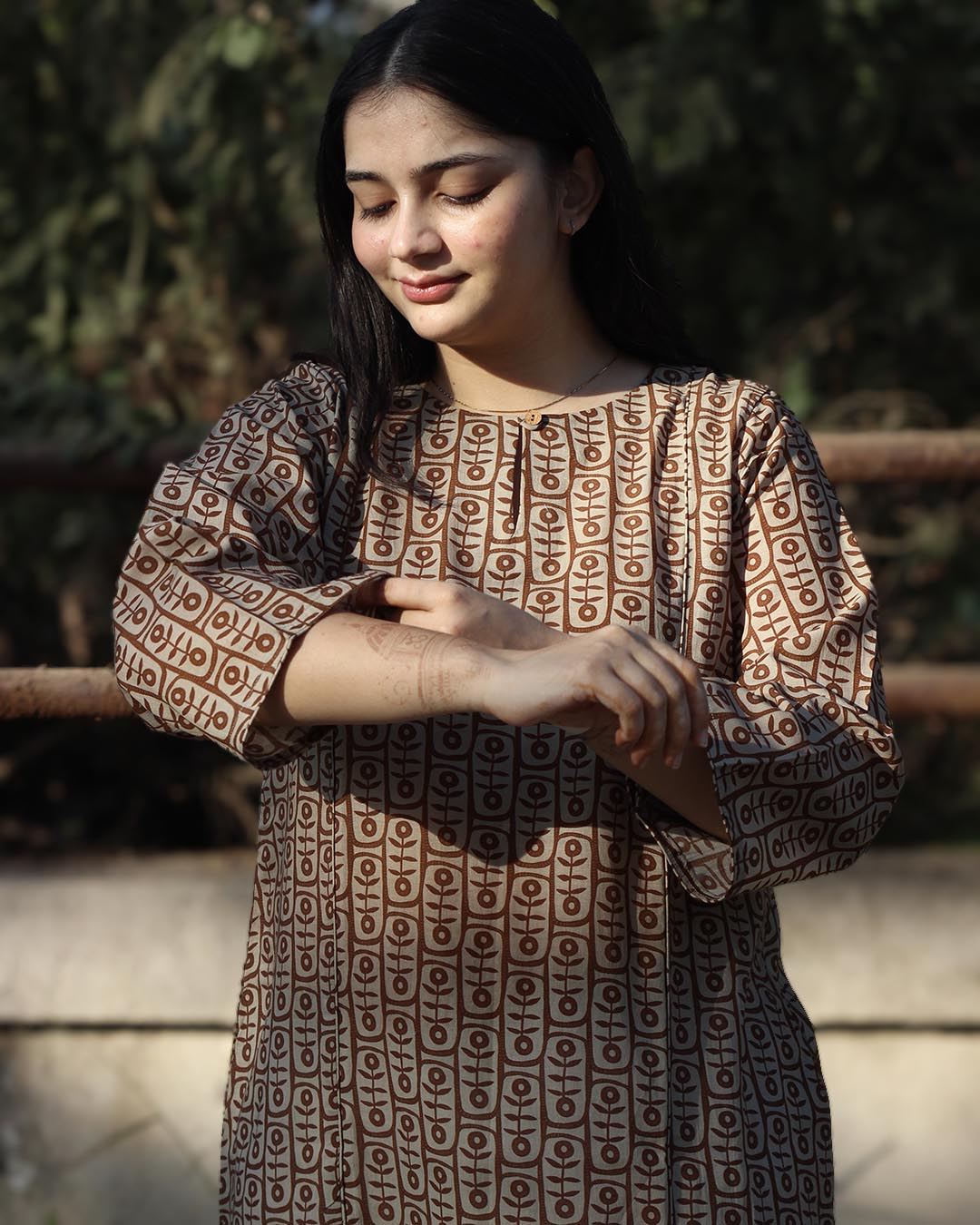 Earthy printed Long Kurta in Pure cotton