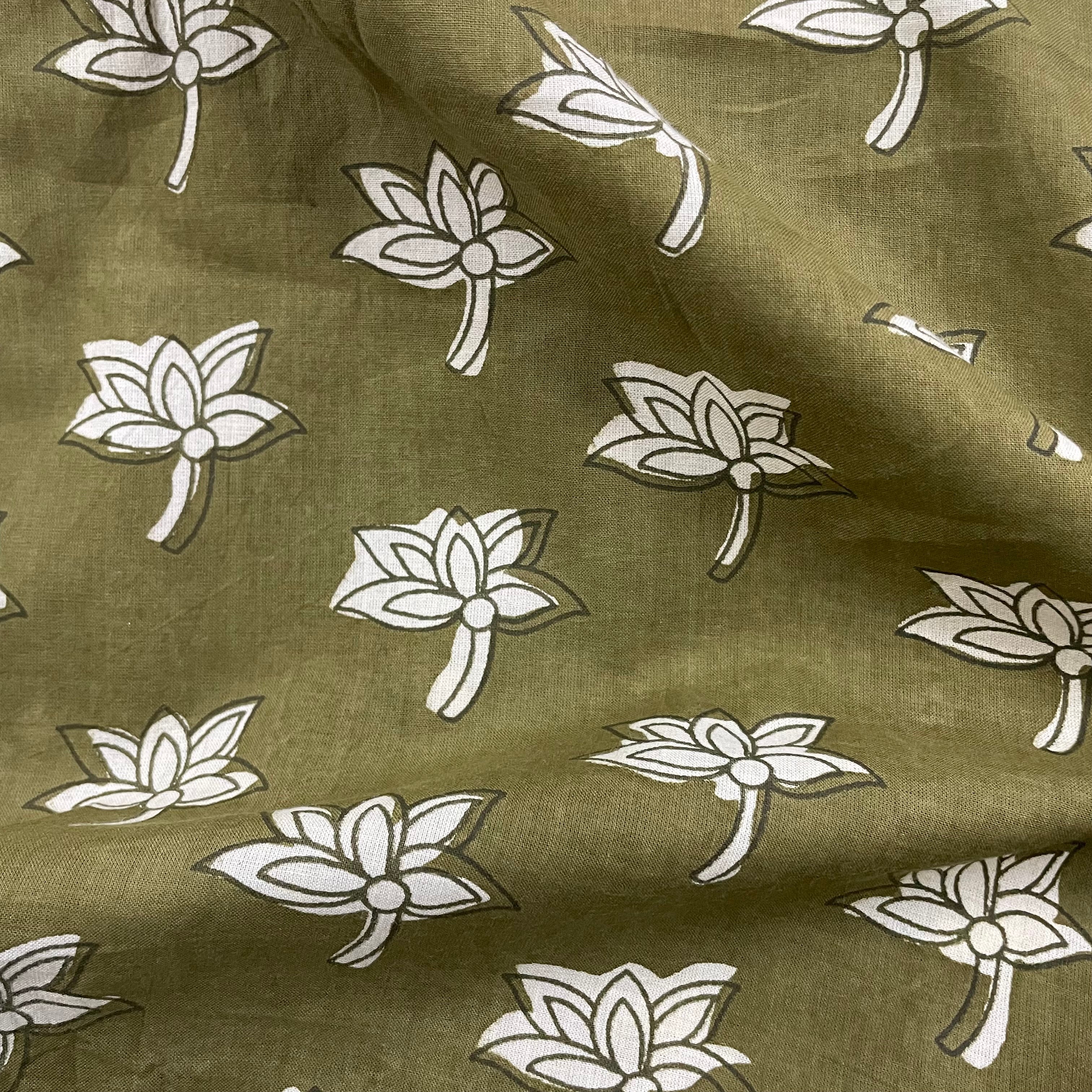 Dusty green leaf print pure cotton fabric per meter