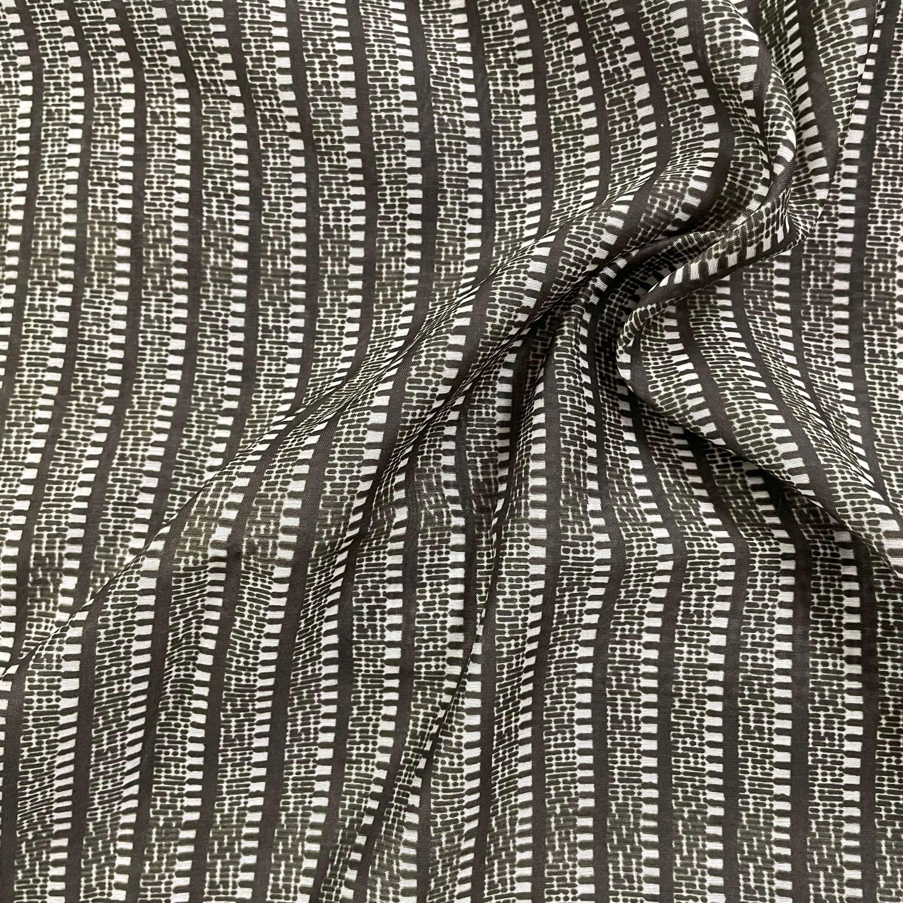 Dark mehendi green stripes pattern on chanderi fabric per meter