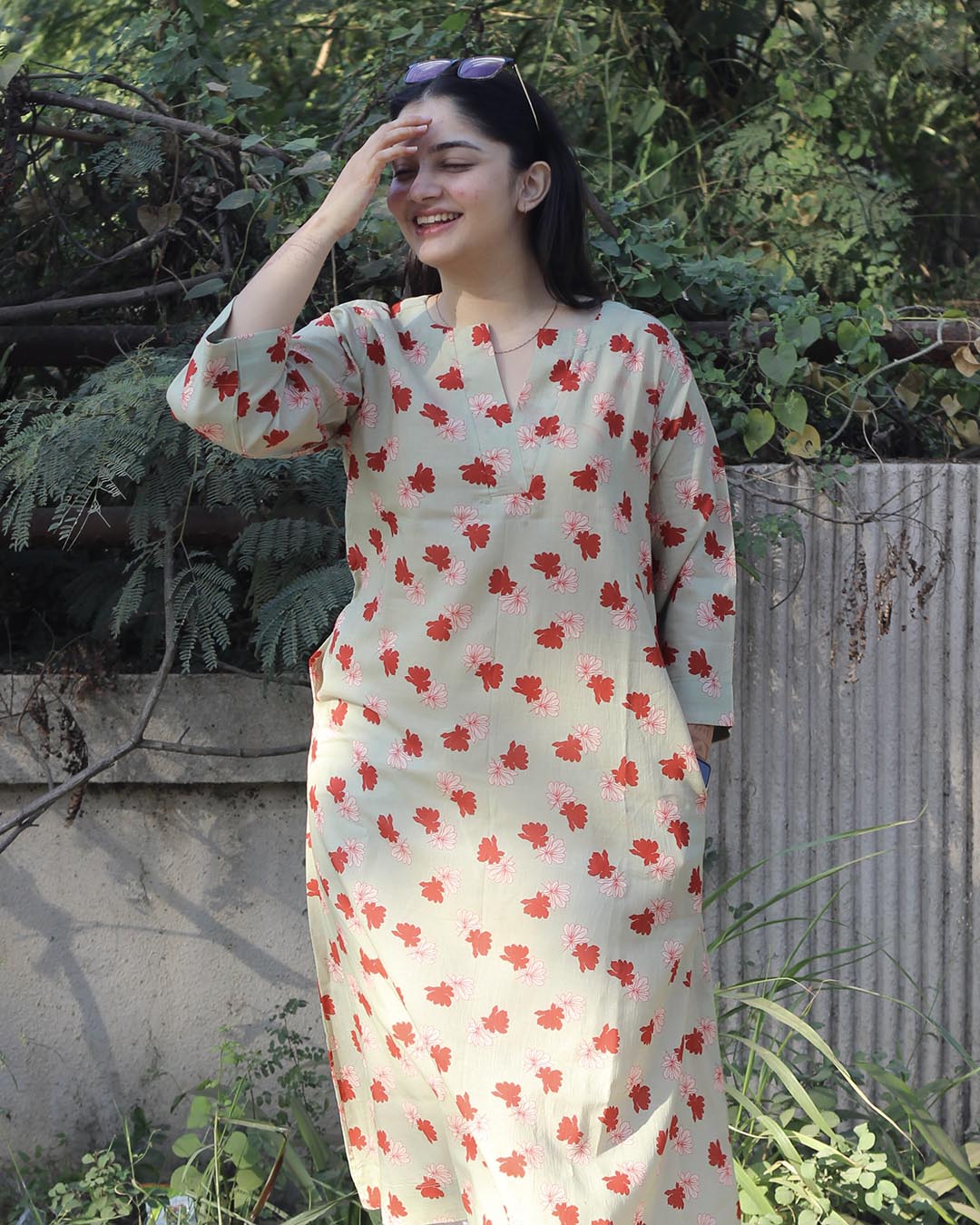 Light Pista Printed Long Kurta