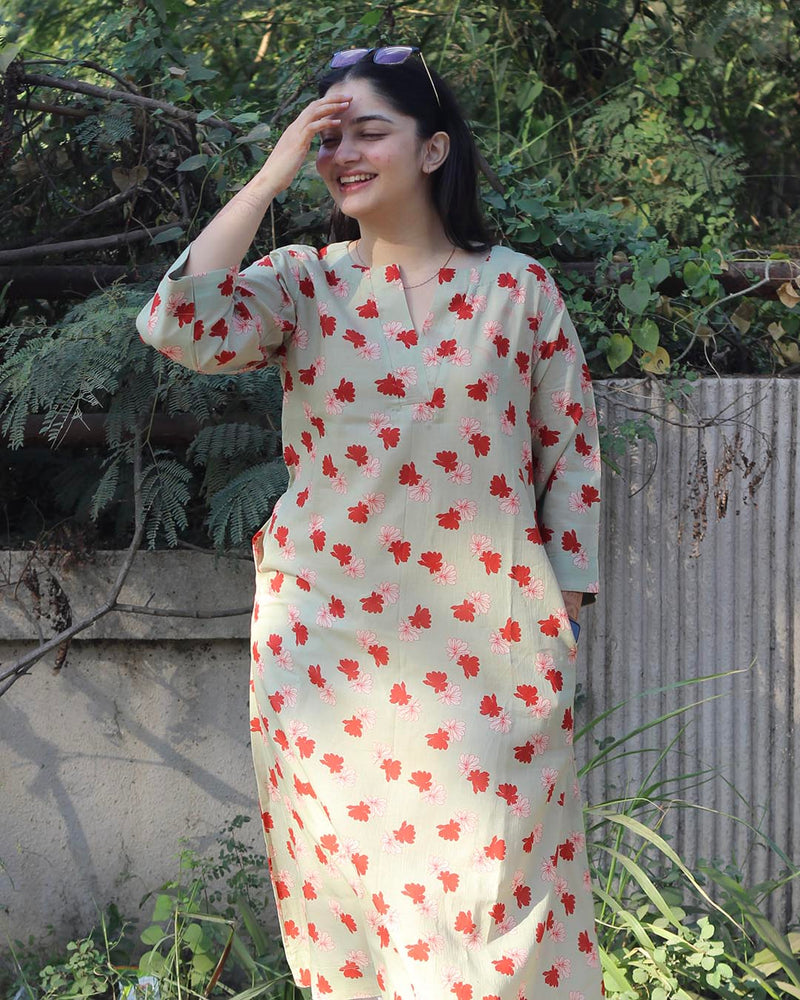 Light Pista Printed Long Kurta