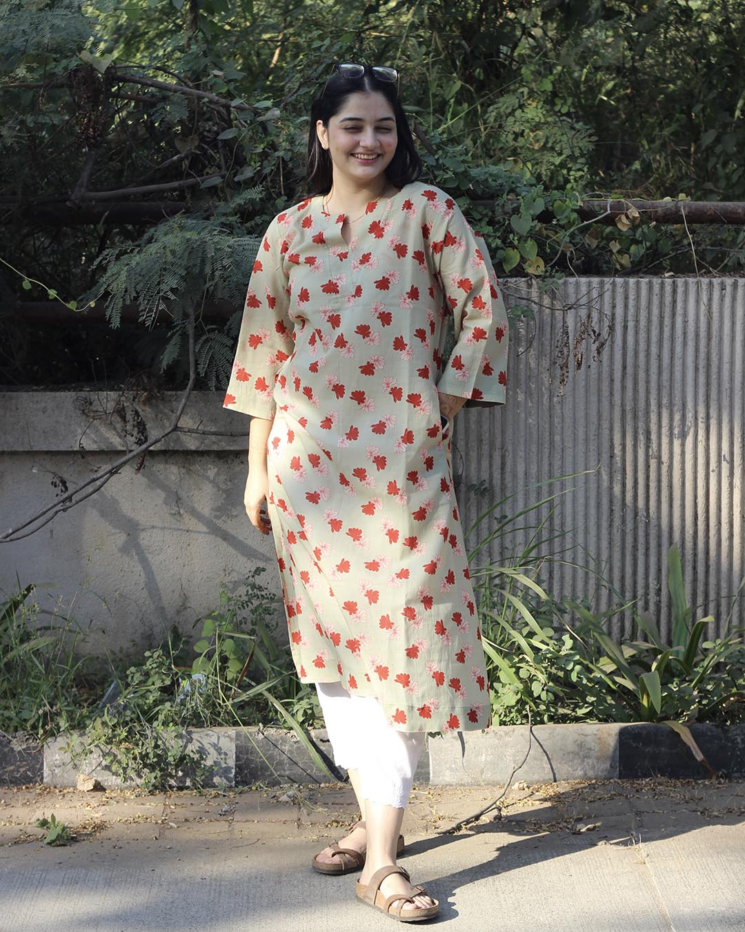 Light Pista Printed Long Kurta