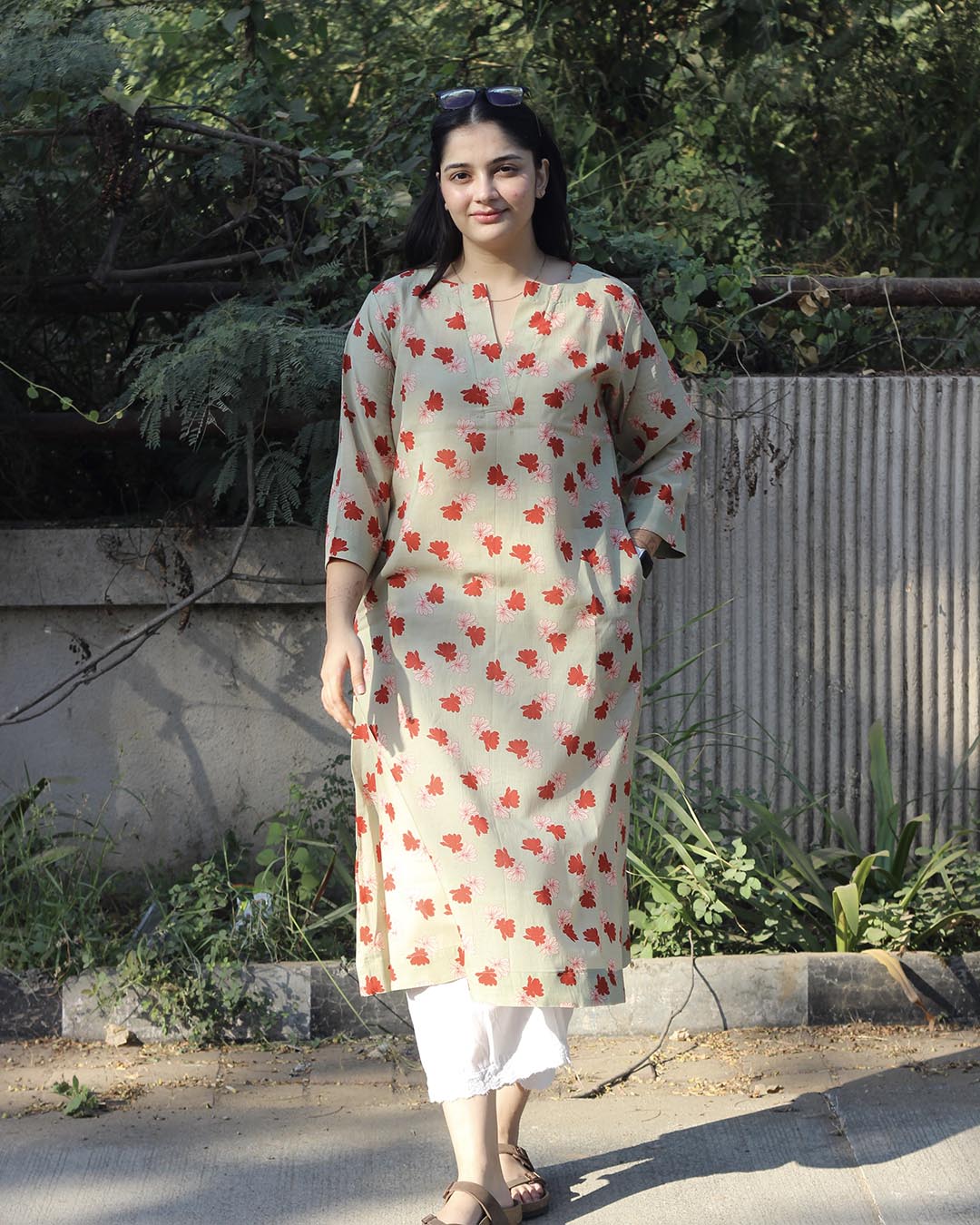 Light Pista Printed Long Kurta