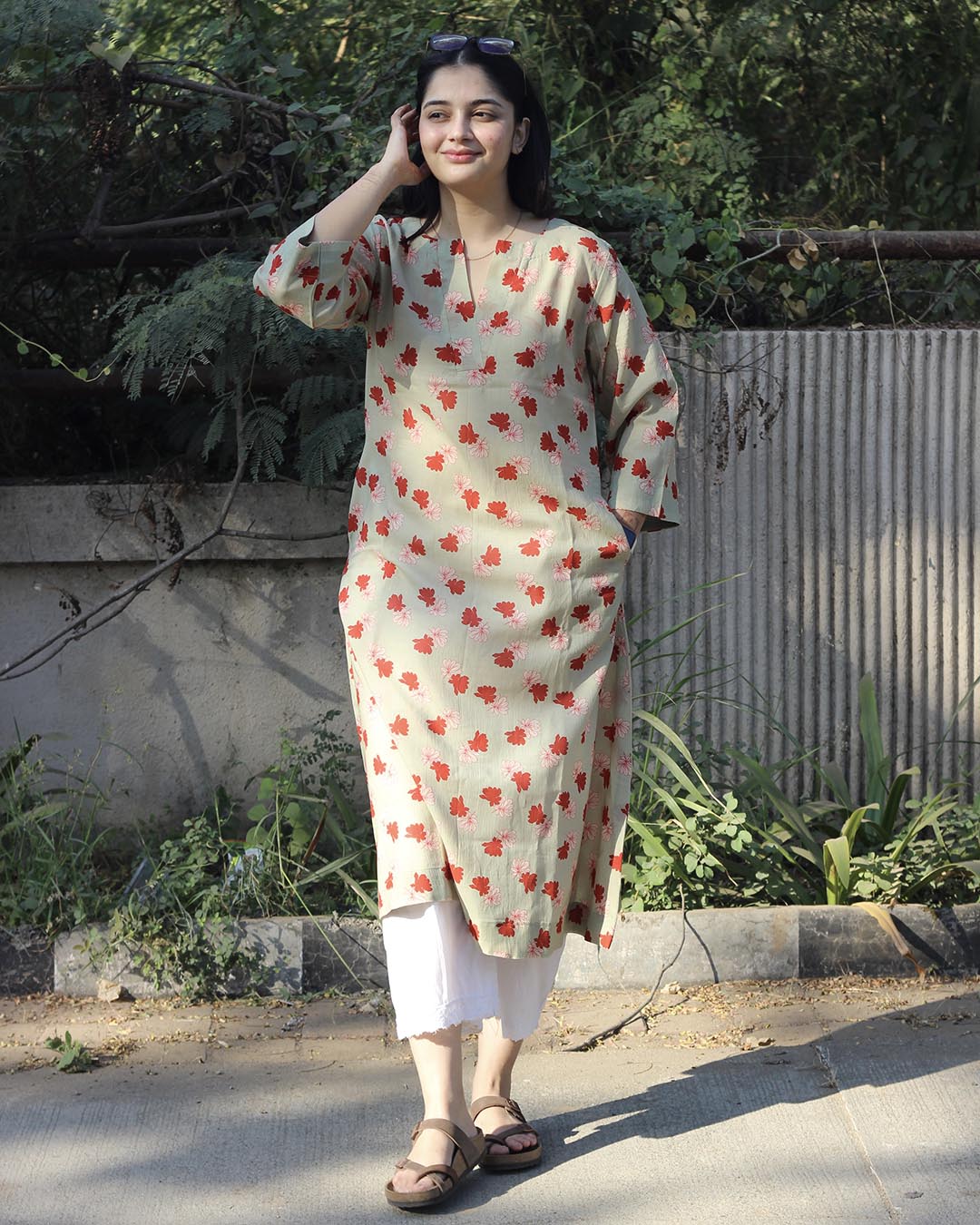 Light Pista Printed Long Kurta