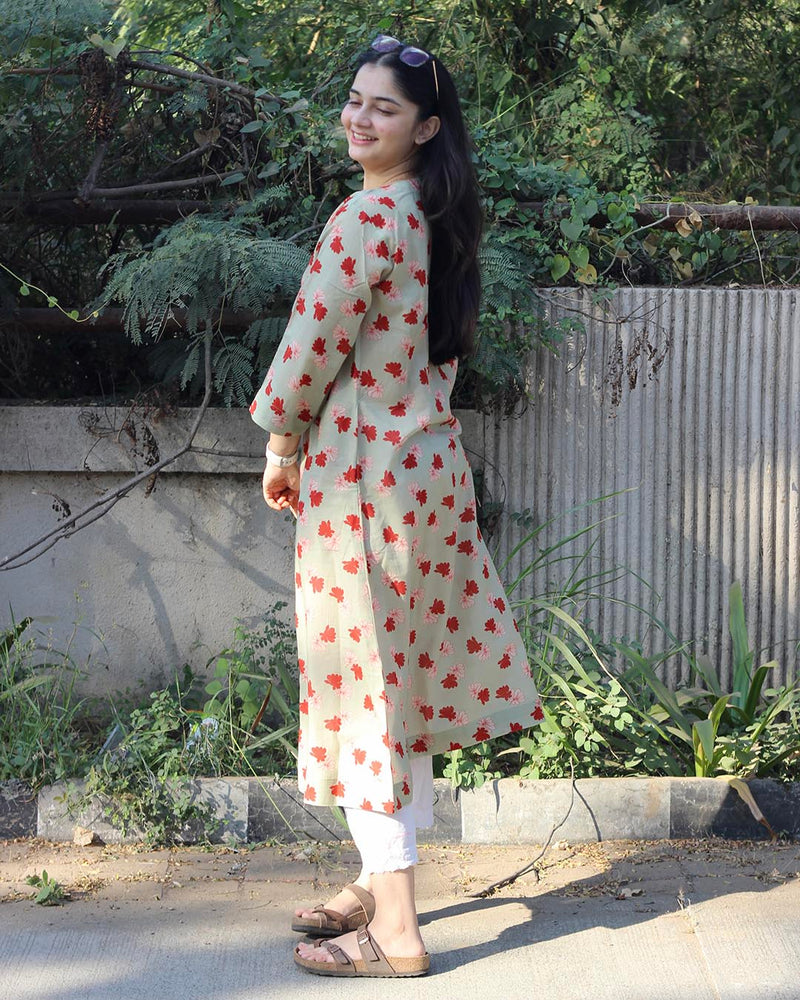 Light Pista Printed Long Kurta