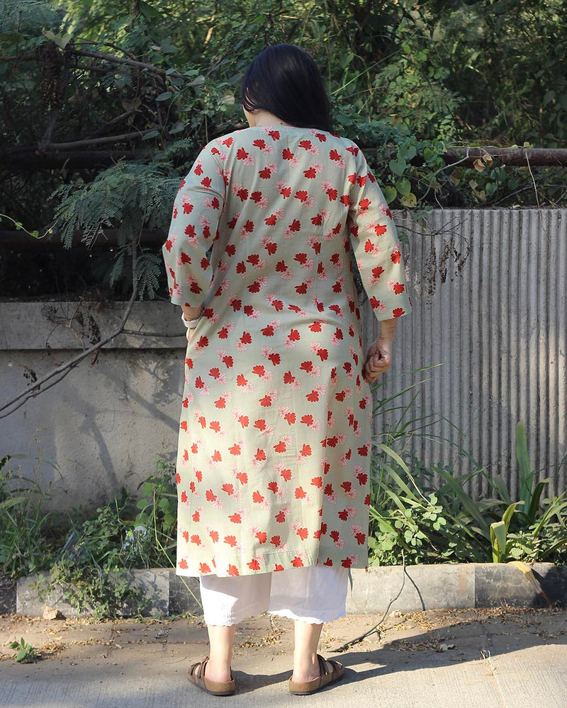 Light Pista Printed Long Kurta