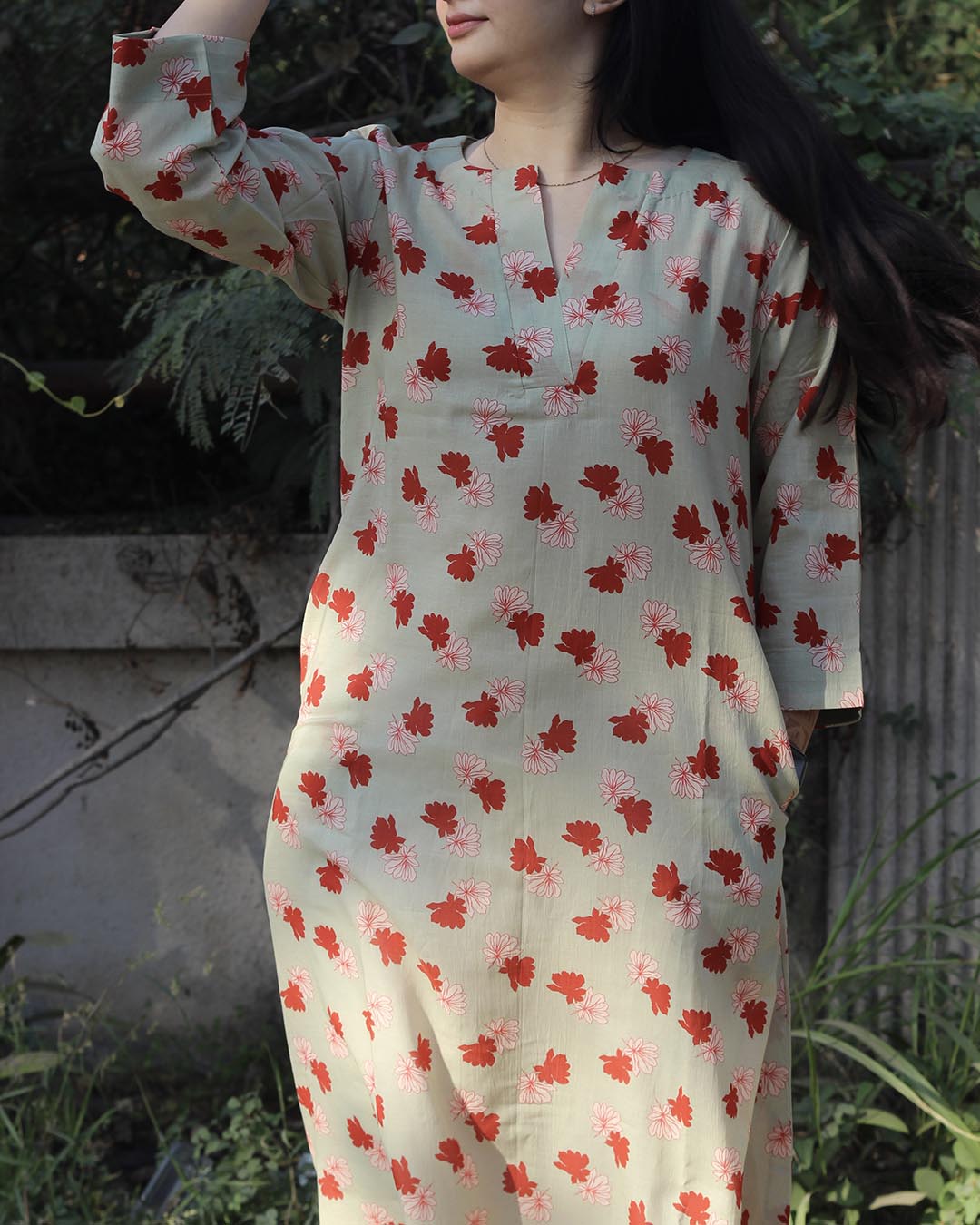 Light Pista Printed Long Kurta