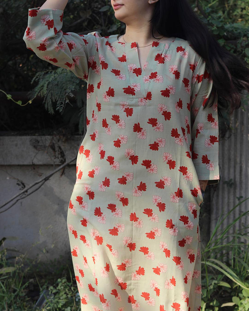 Light Pista Printed Long Kurta