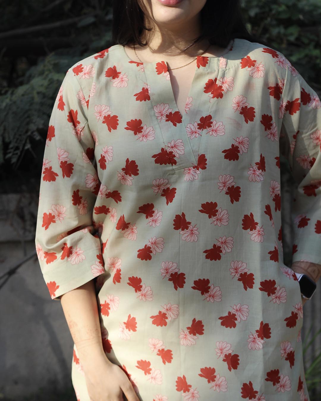 Light Pista Printed Long Kurta