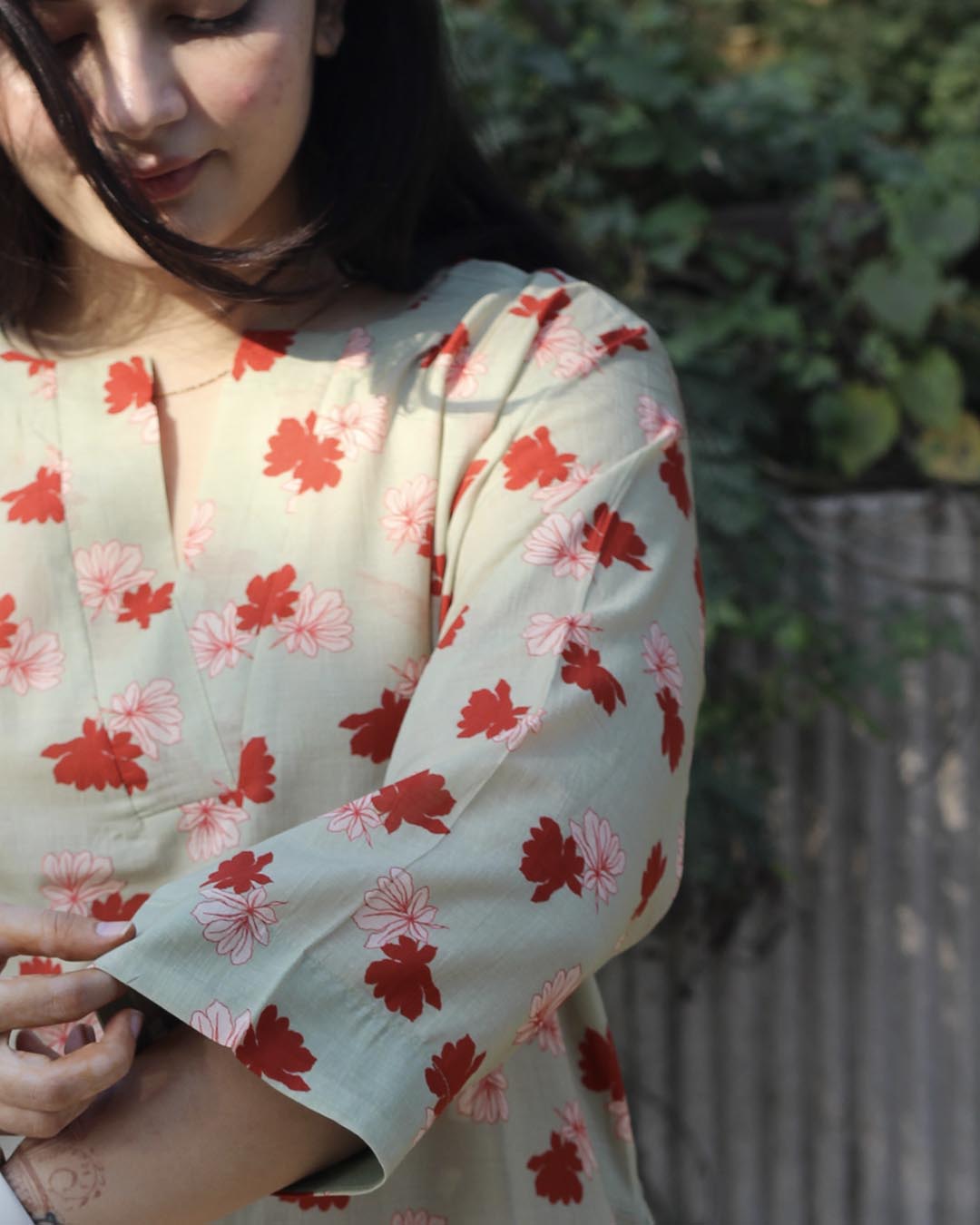 Light Pista Printed Long Kurta