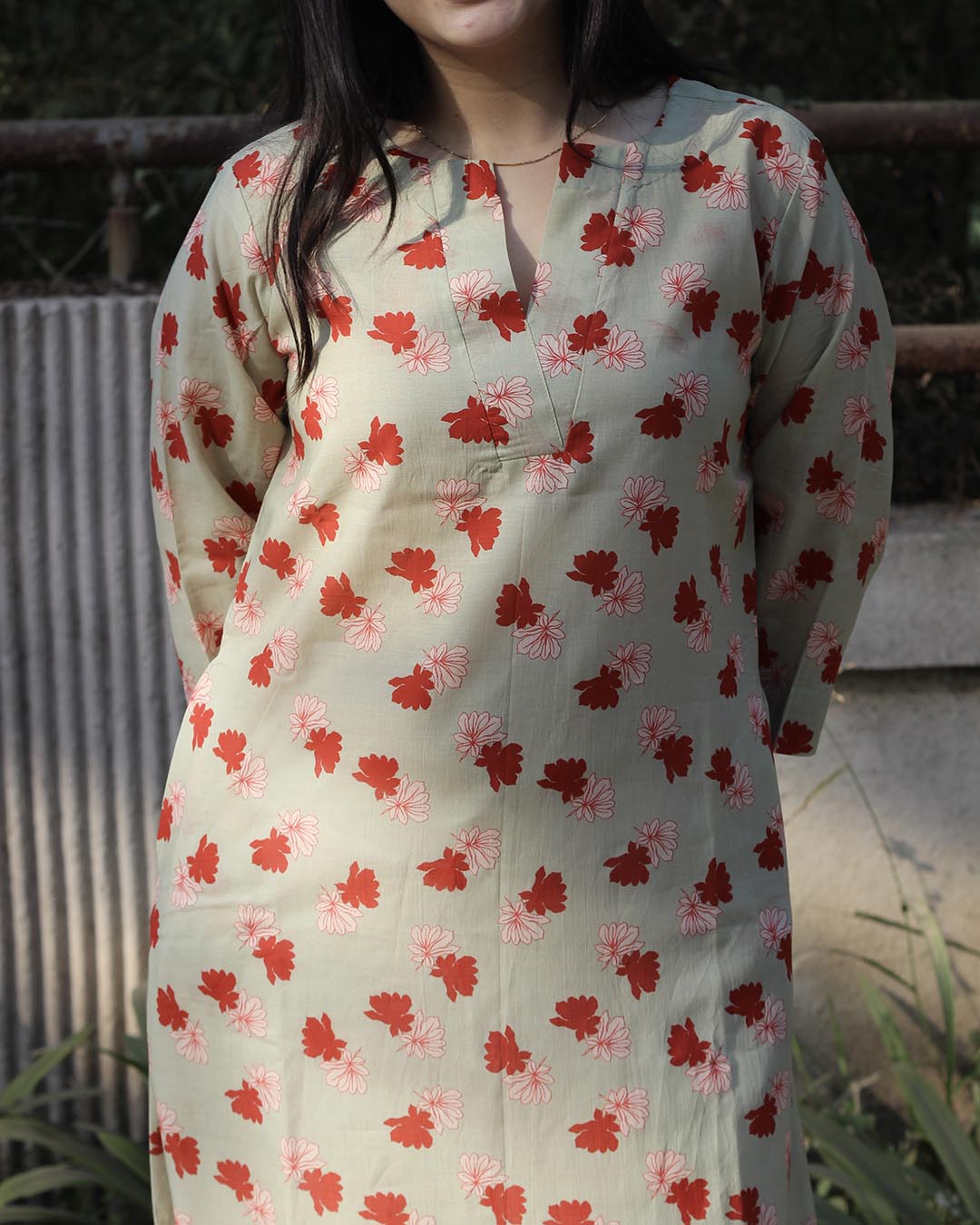 Light Pista Printed Long Kurta