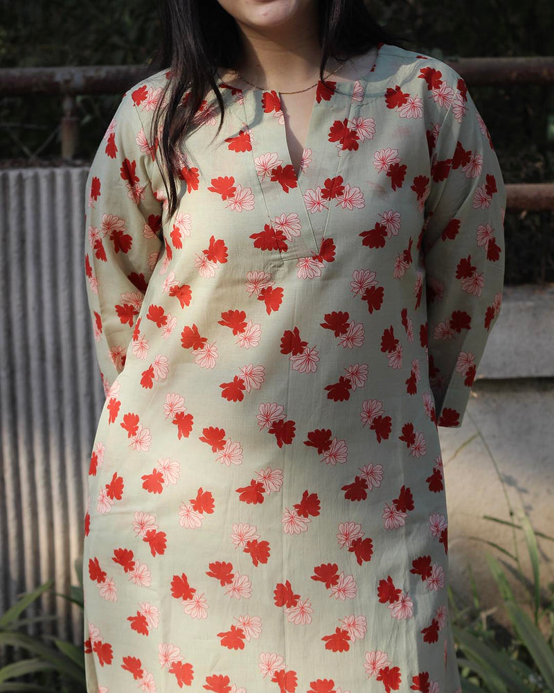 Light Pista Printed Long Kurta