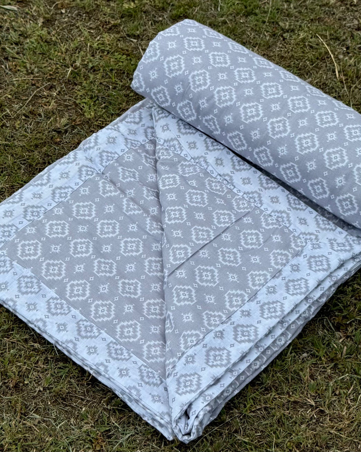 Grey Ikkat Reversible Dohar with White Symmetrical Ikkat Print