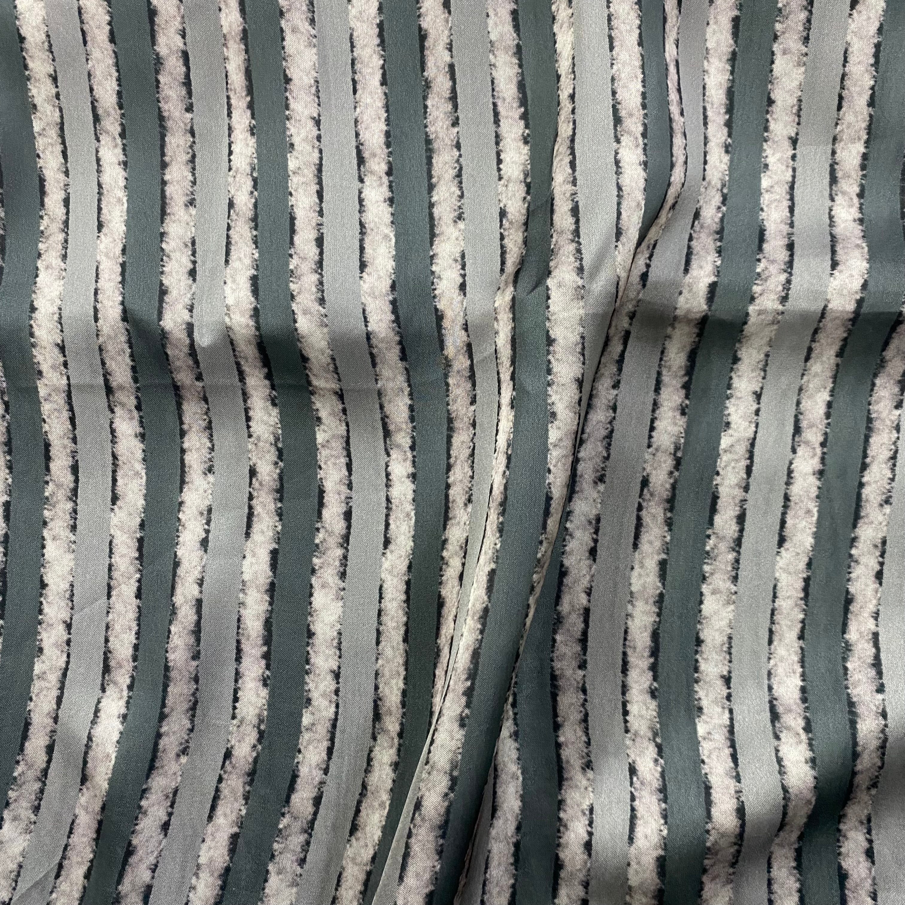Grey contrast stripes print on georgette satin fabric per meter