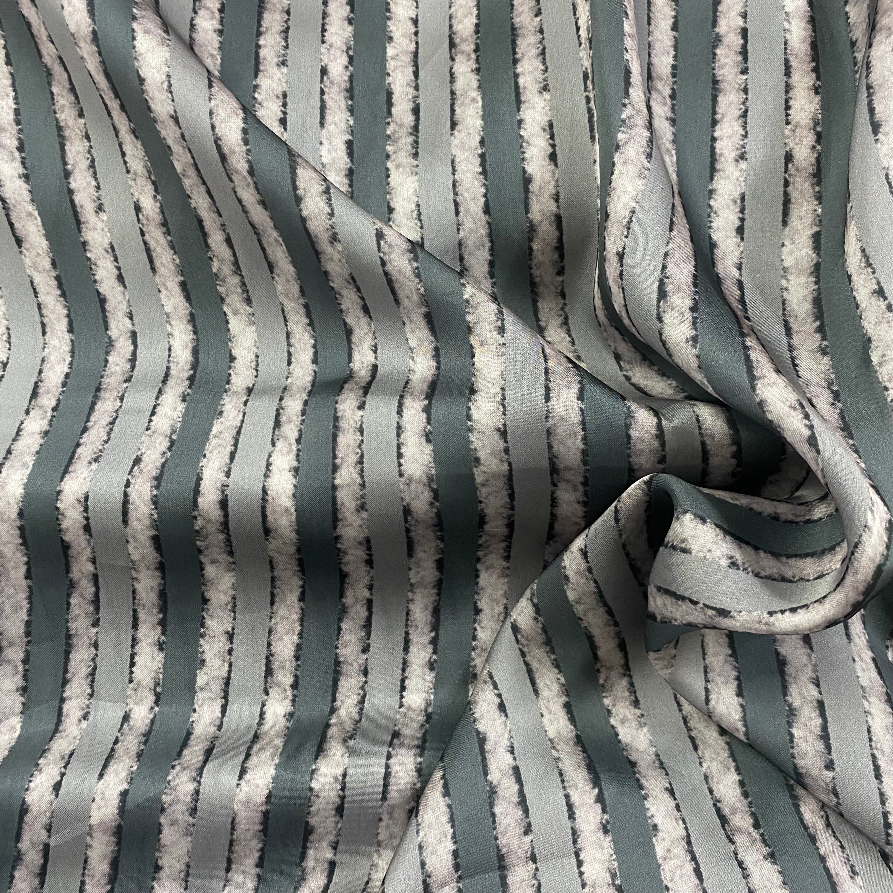 Grey contrast stripes print on georgette satin fabric per meter