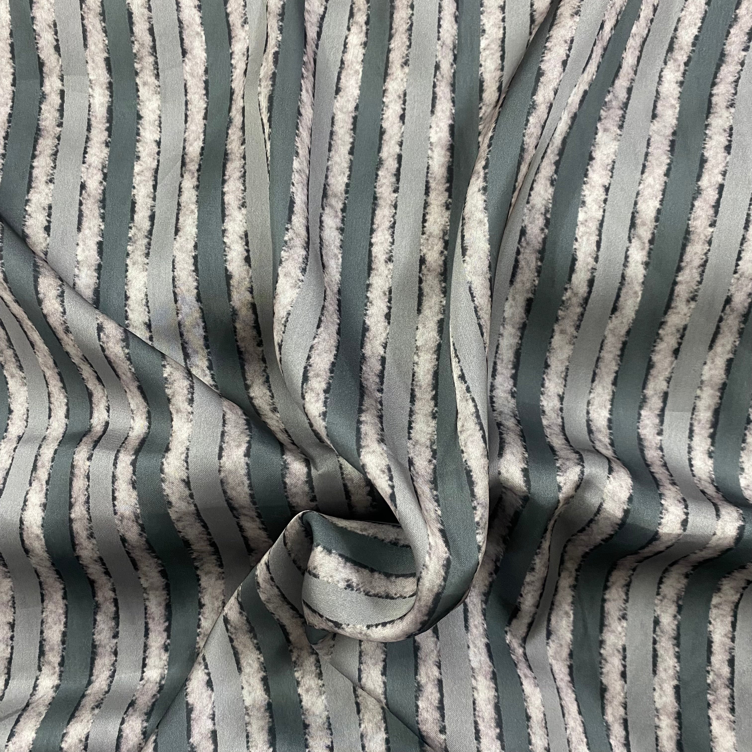 Grey contrast stripes print on georgette satin fabric per meter