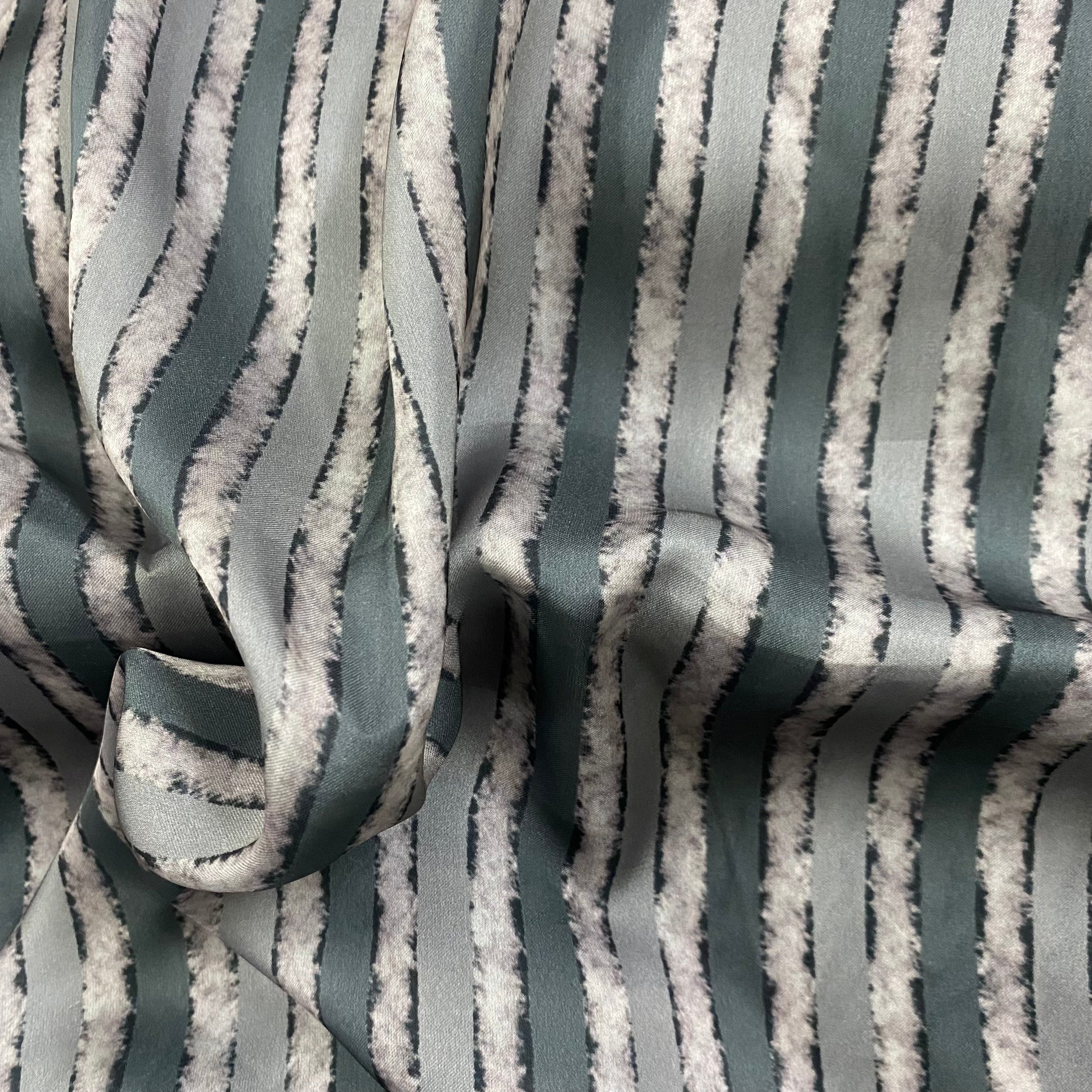 Grey contrast stripes print on georgette satin fabric per meter