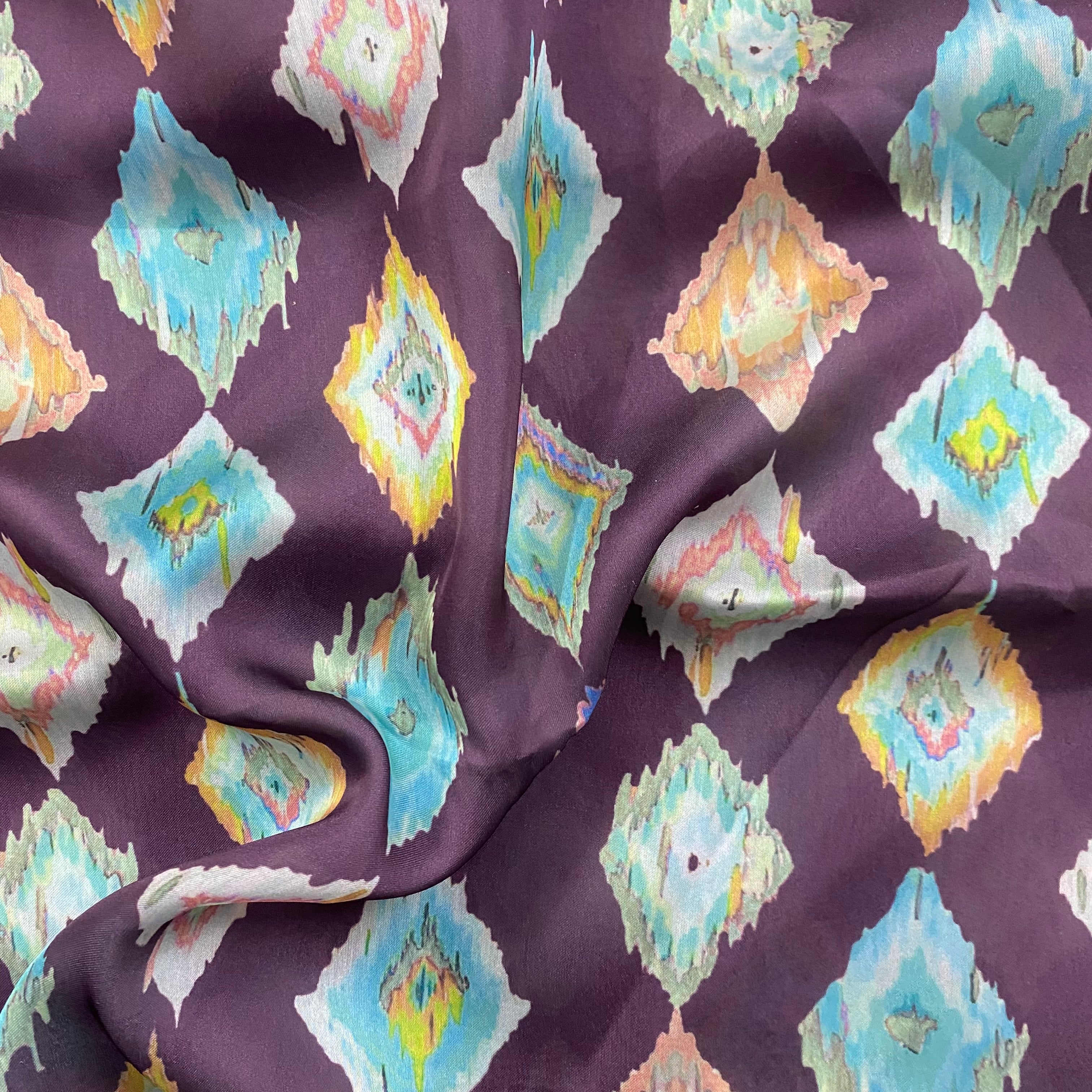 Ikkat print on purple georgette satin fabric per meter