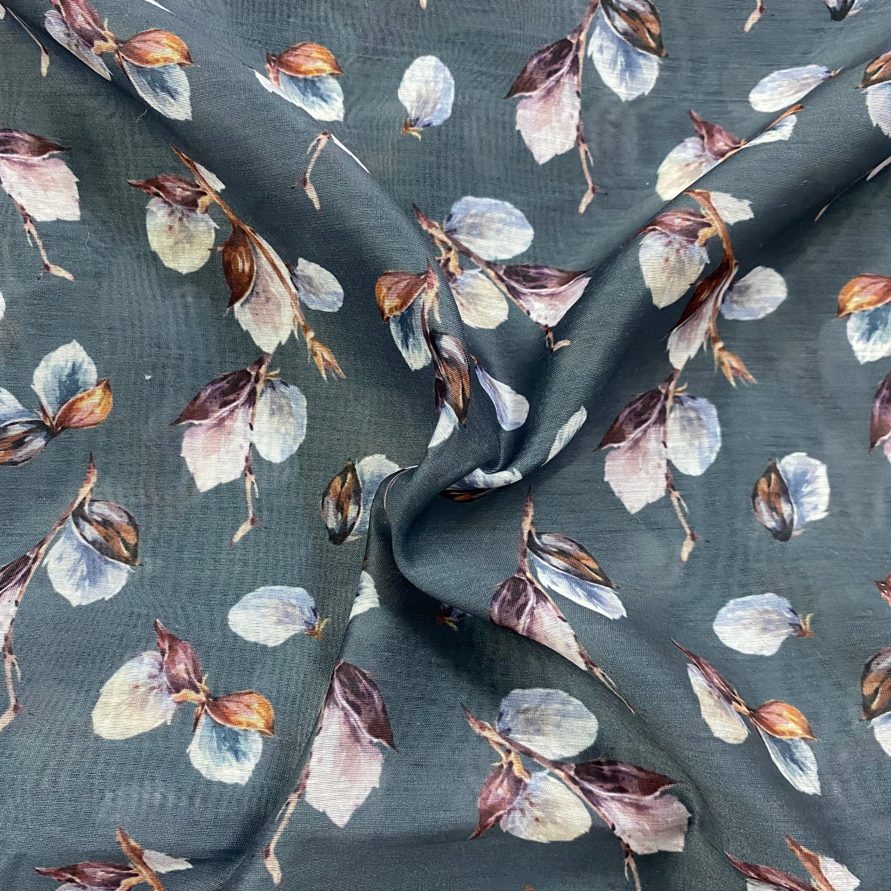 Subtle flower print on grey chanderi fabric per meter