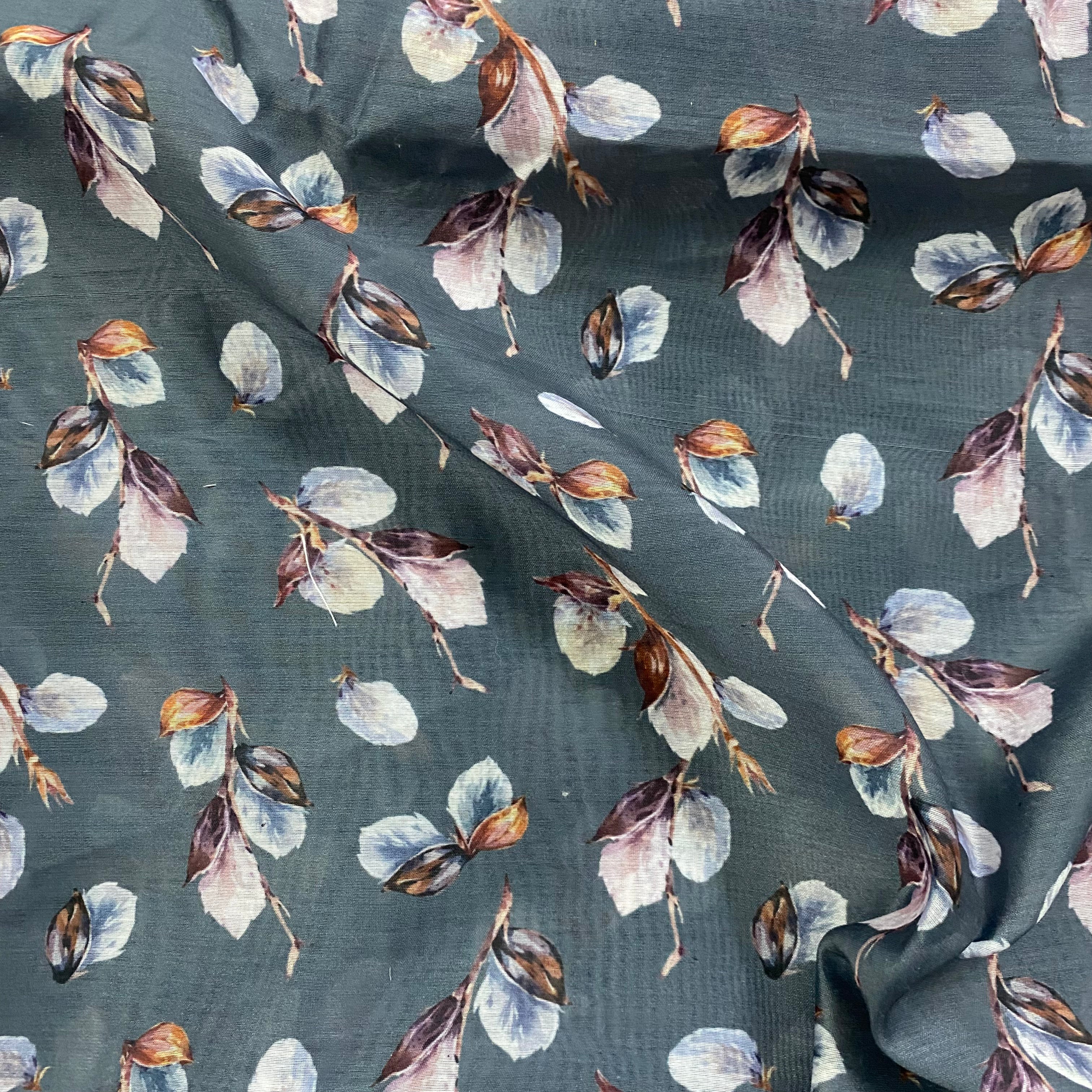 Subtle flower print on grey chanderi fabric per meter