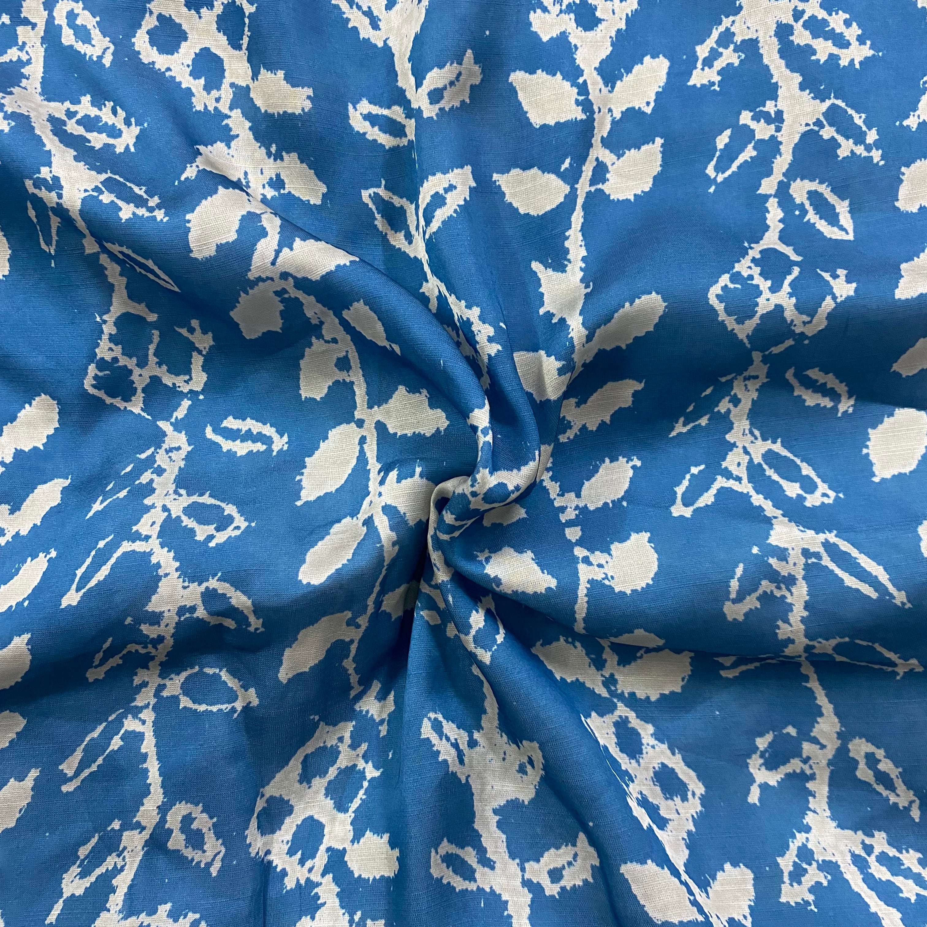 Blue & white contrast branch print on linen satin fabric per meter