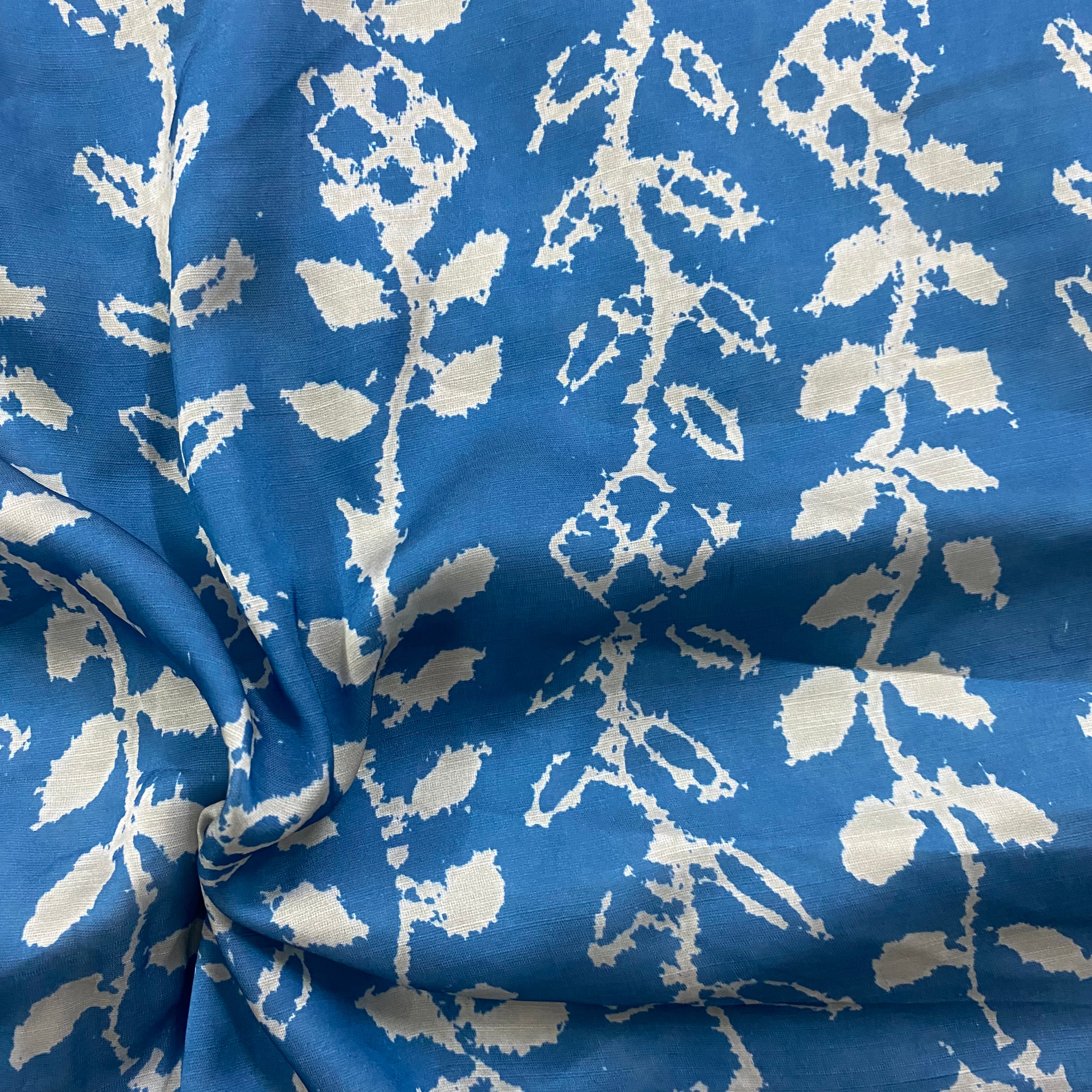 Blue & white contrast branch print on linen satin fabric per meter