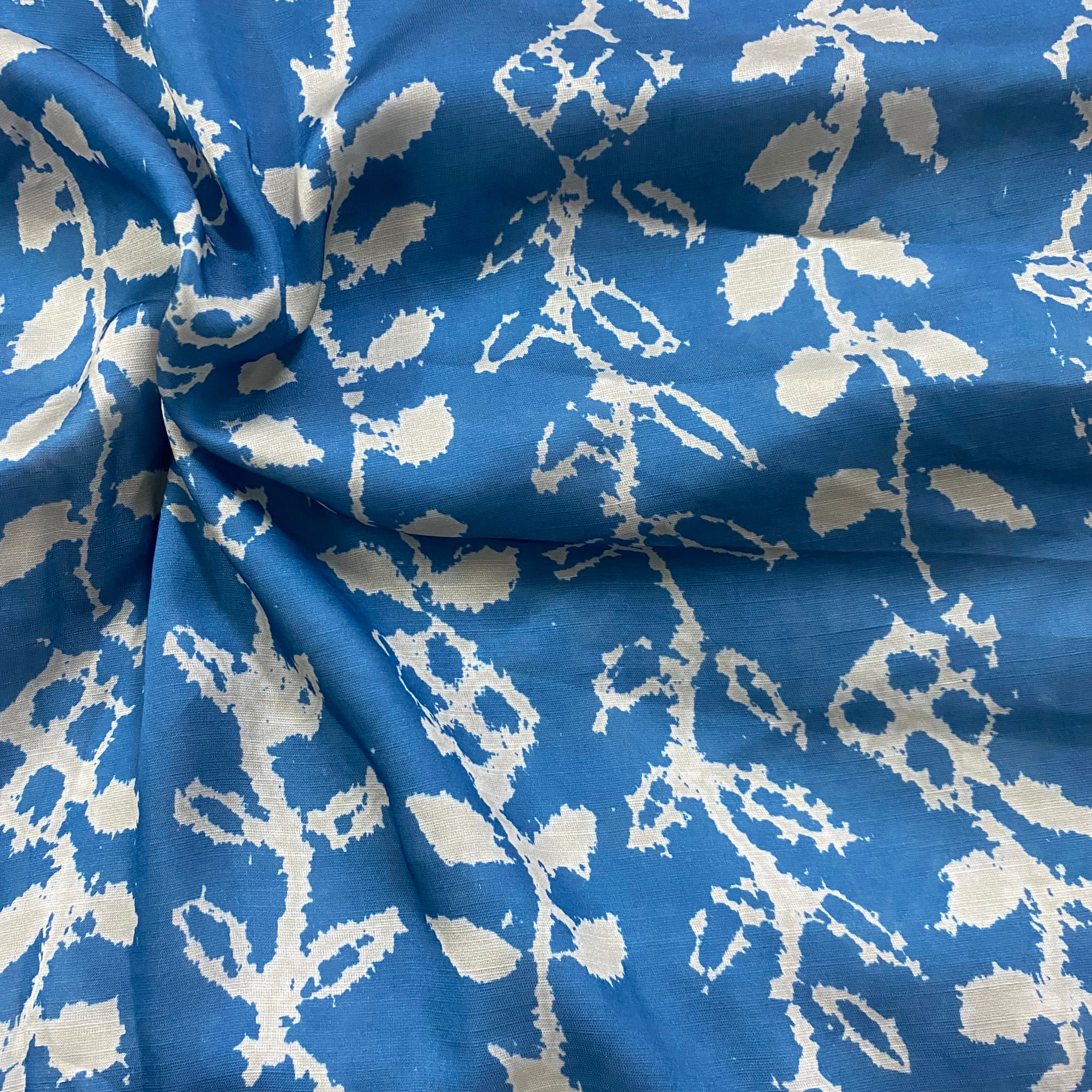 Blue & white contrast branch print on linen satin fabric per meter