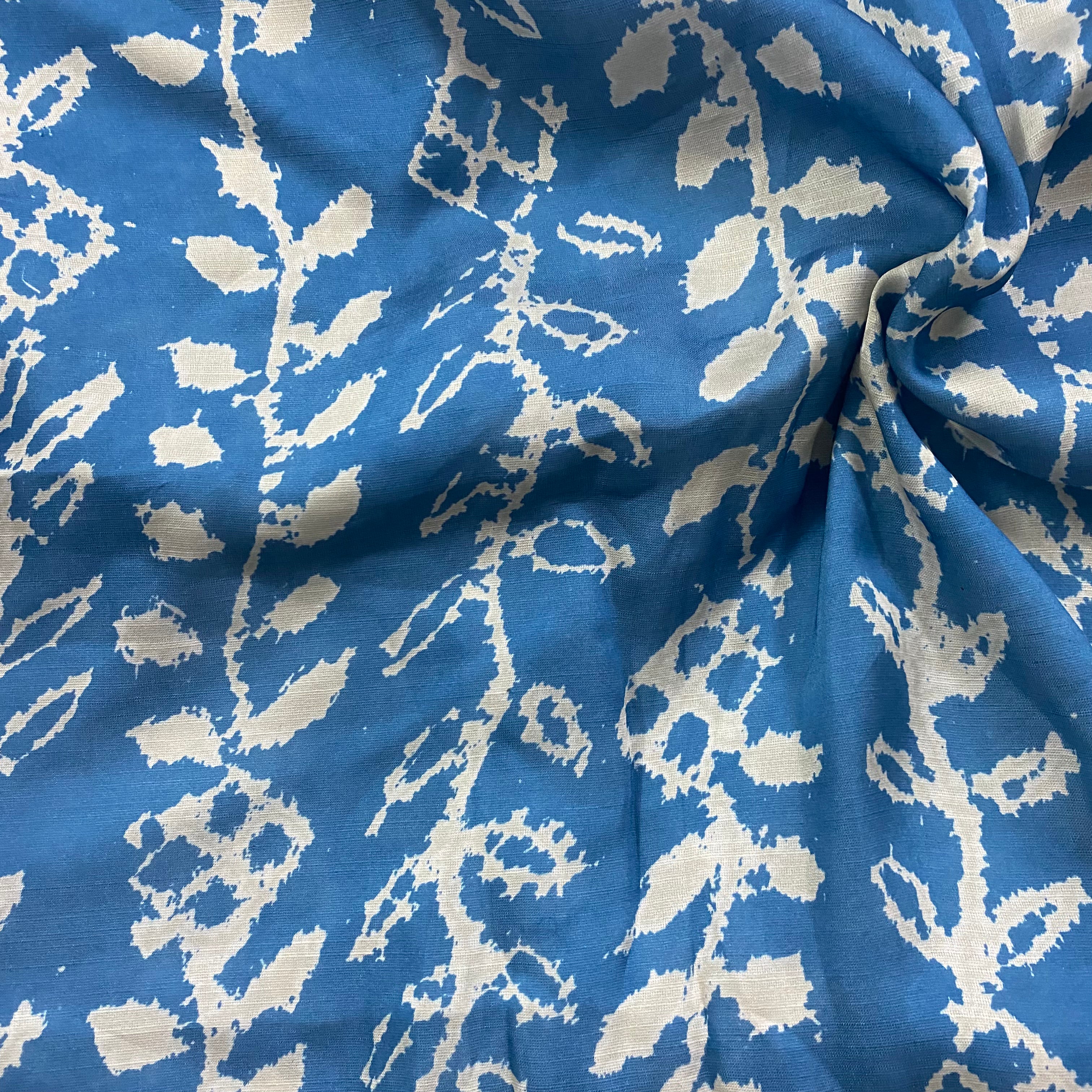 Blue & white contrast branch print on linen satin fabric per meter