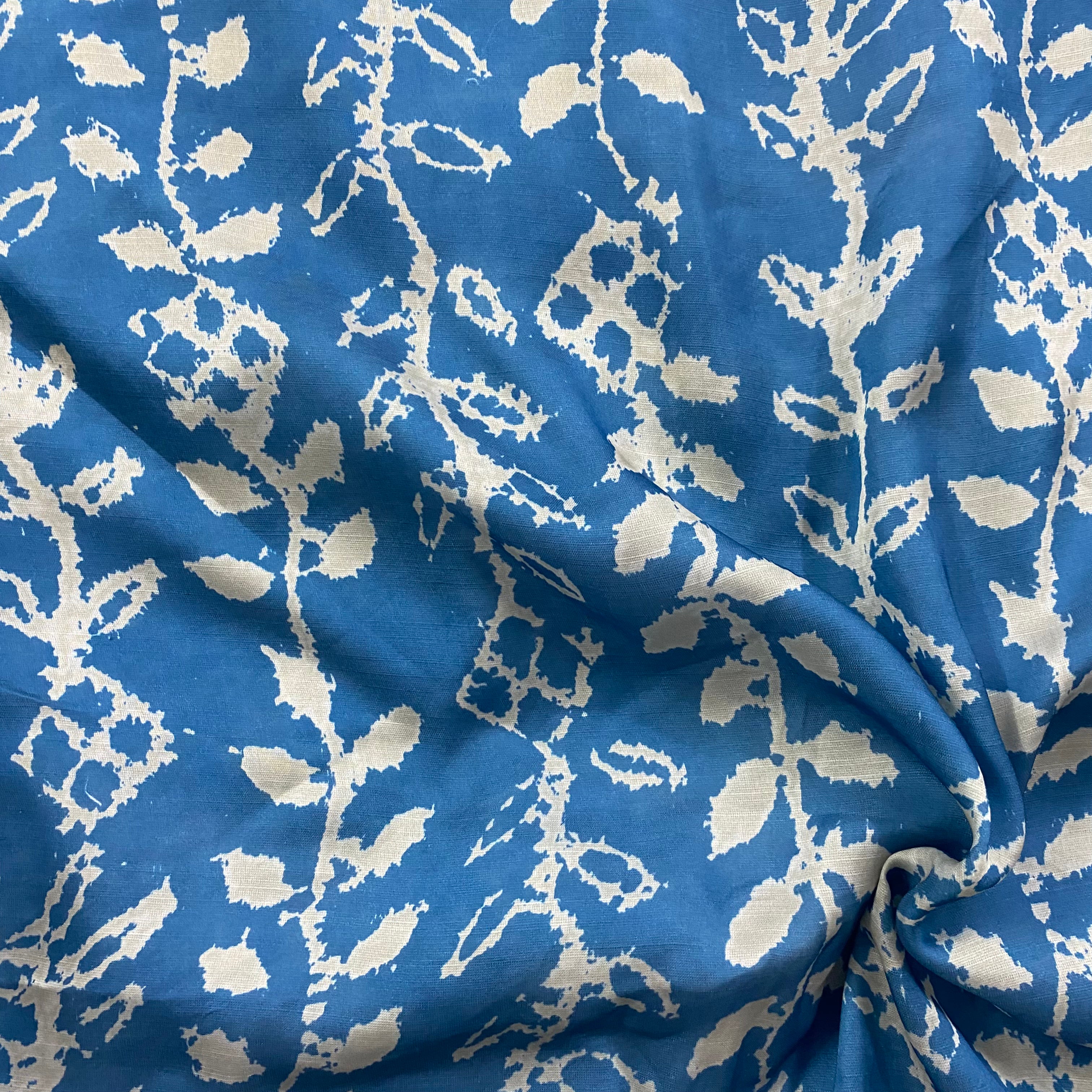 Blue & white contrast branch print on linen satin fabric per meter