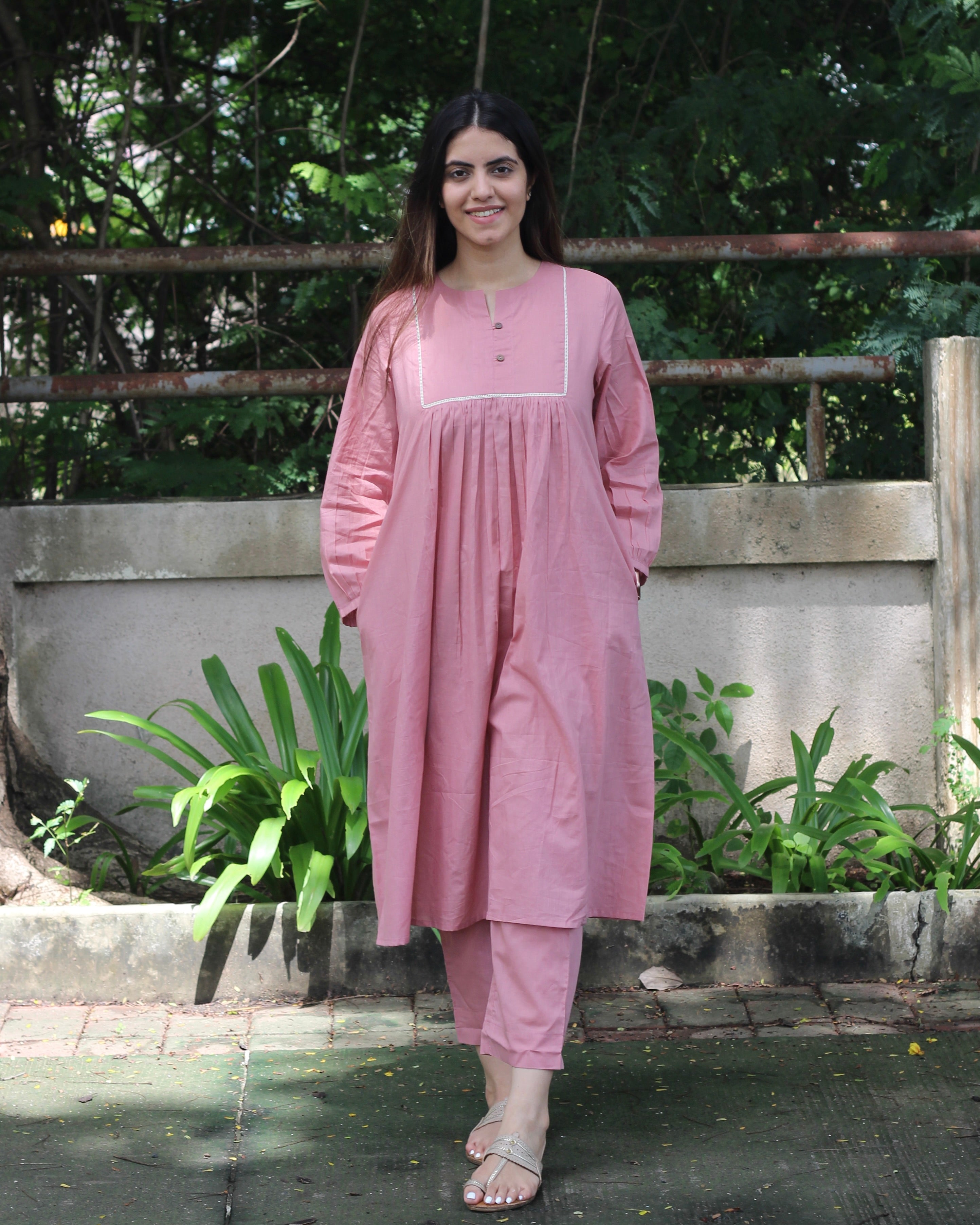 Premium Cotton Pastel Pink Long Kurta with Pleated Neck
