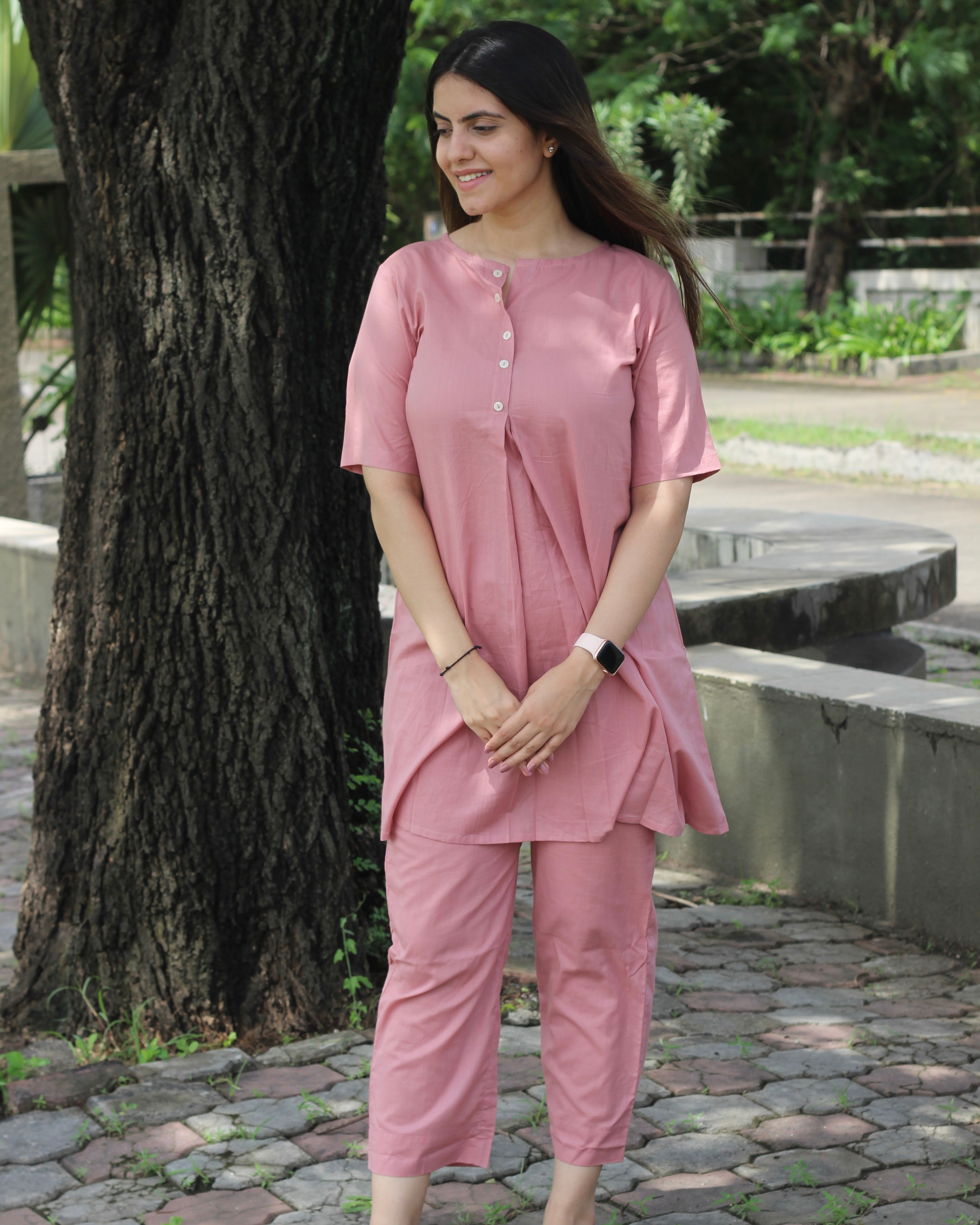 Premium Cotton Pastel Pink Lounge Set - Short Shirt for Youth and Long Top for Adults, with Comfortable Pants and Pockets