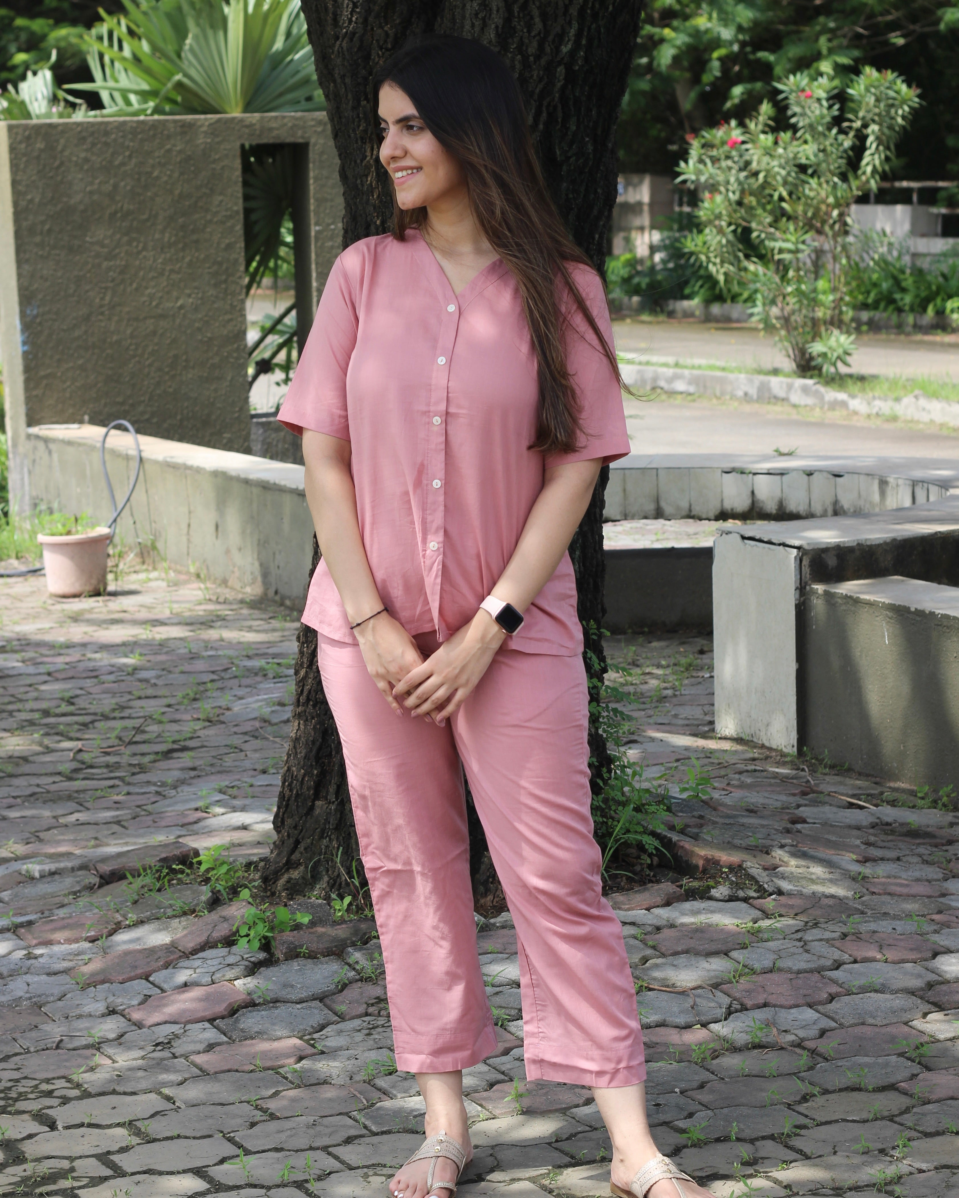 Premium Cotton Pastel Pink Lounge Set - Short Shirt for Youth and Long Top for Adults, with Comfortable Pants and Pockets