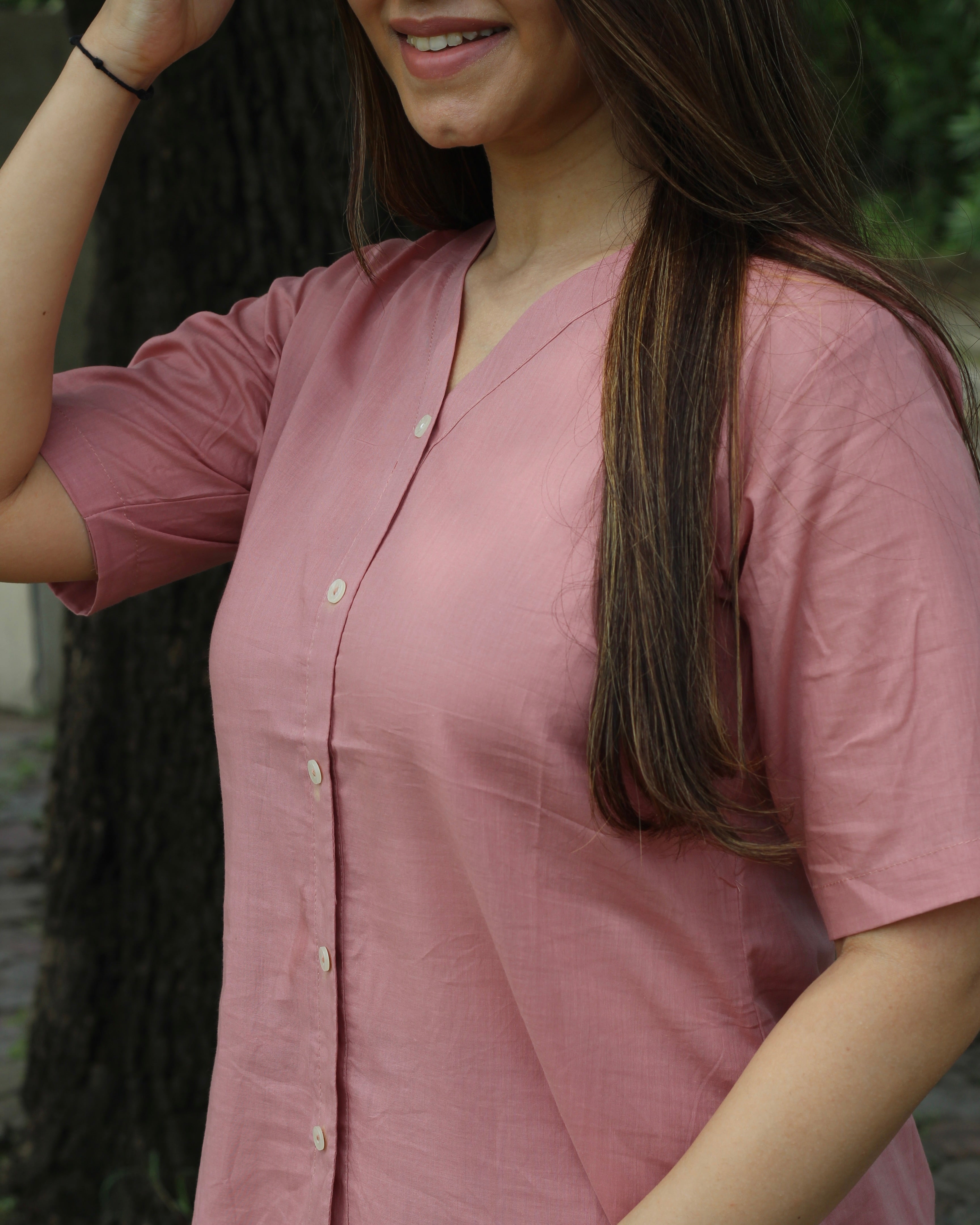 Premium Cotton Pastel Pink Lounge Set - Short Shirt for Youth and Long Top for Adults, with Comfortable Pants and Pockets