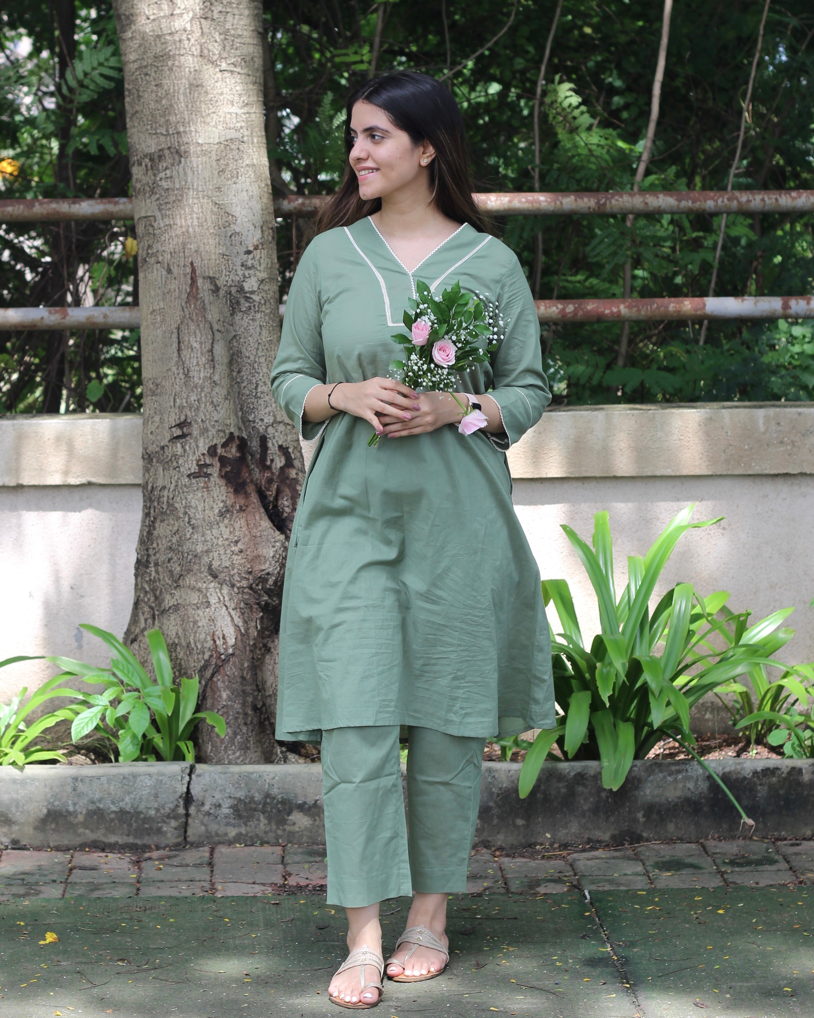 Premium Sage Green Long Kurta with Lace Detail