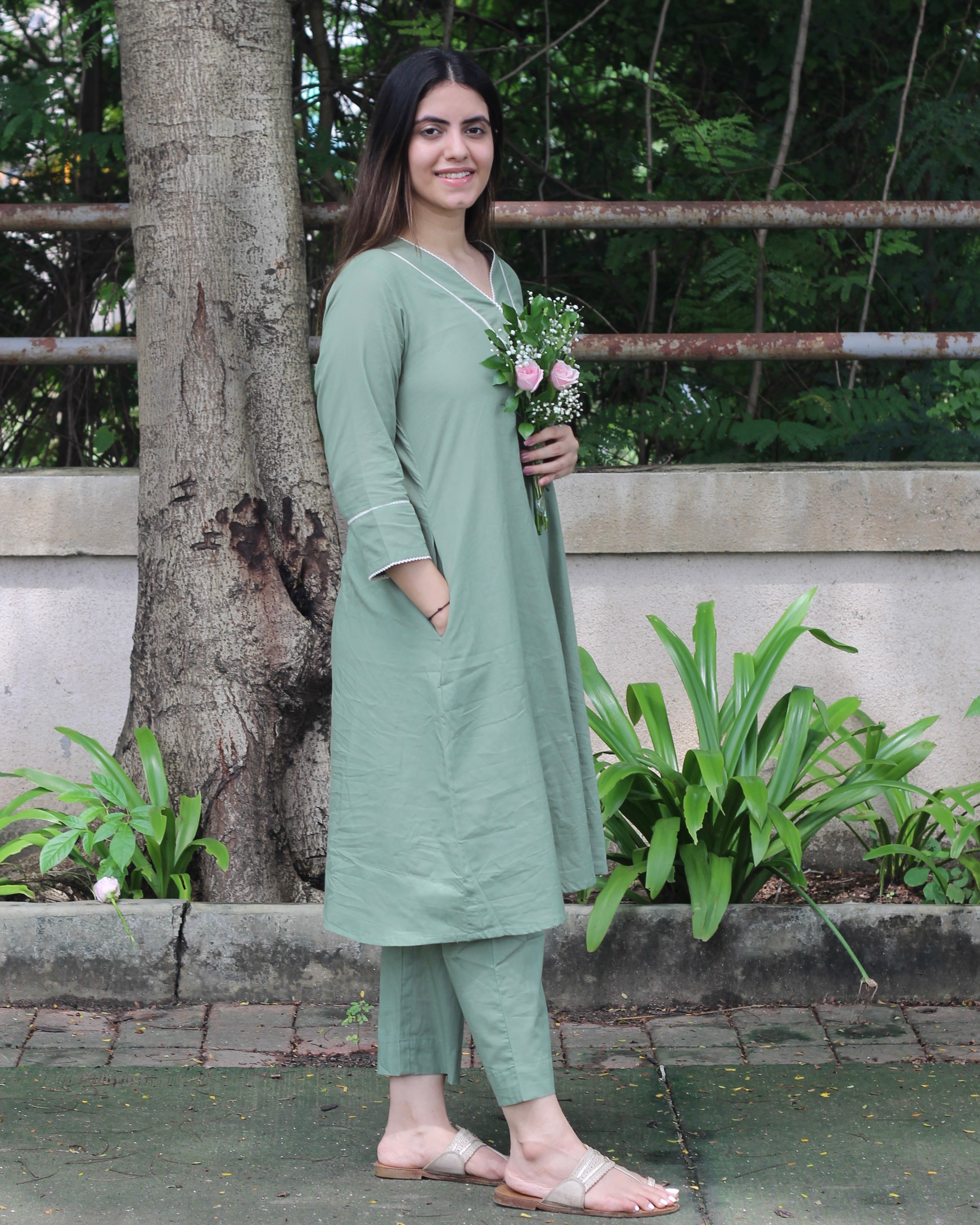 Premium Sage Green Long Kurta with Lace Detail