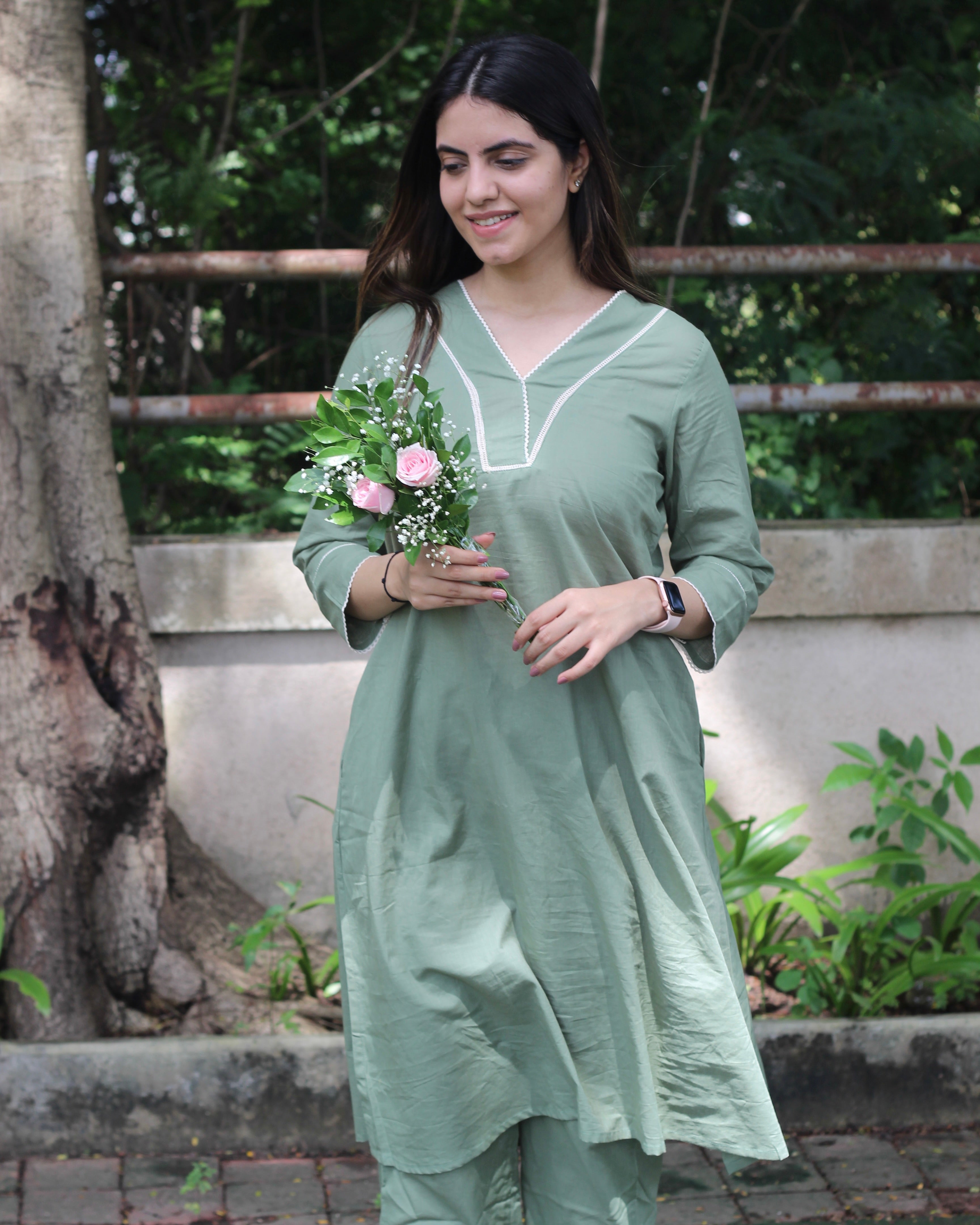 Premium Sage Green Long Kurta with Lace Detail