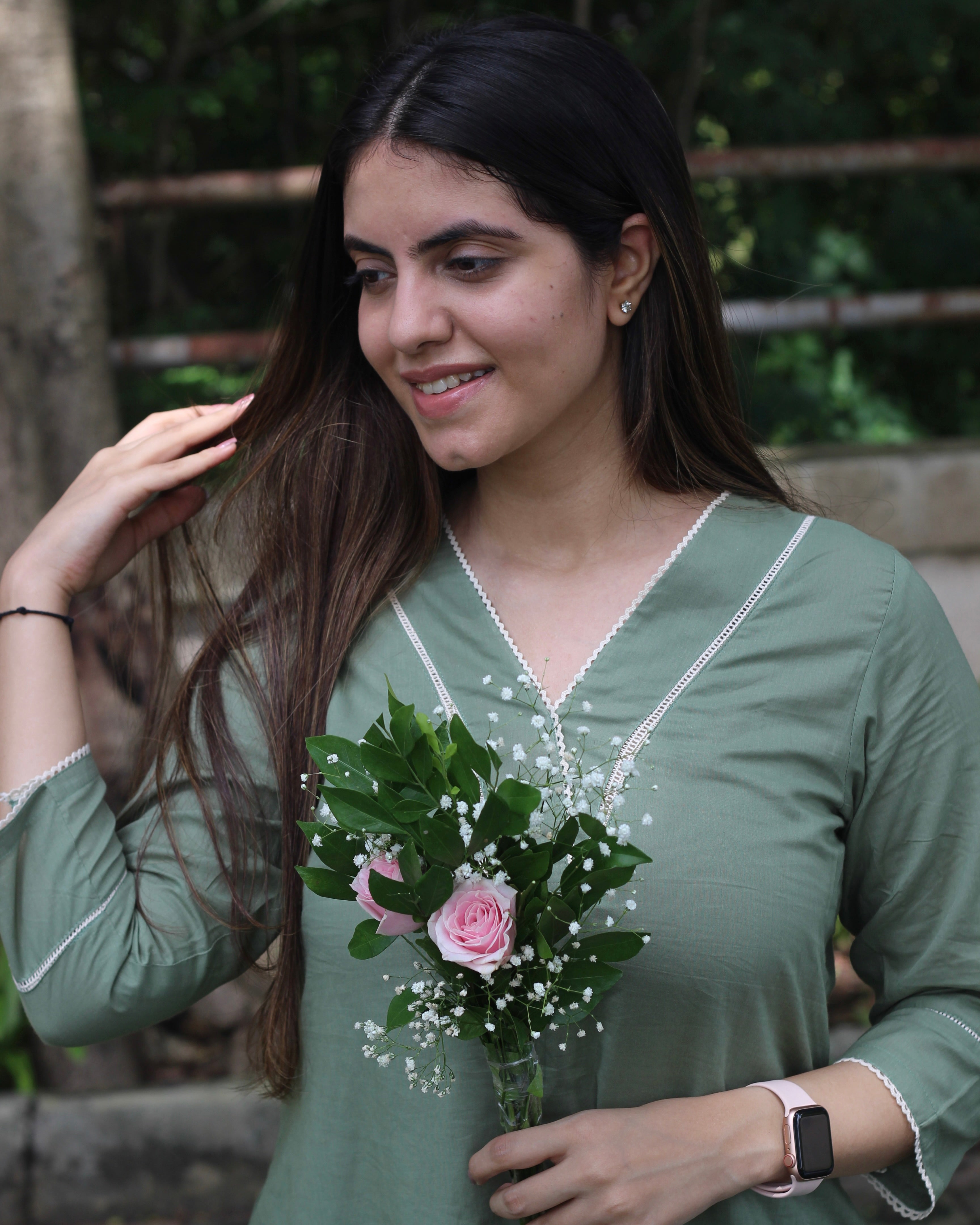 Premium Sage Green Long Kurta with Lace Detail