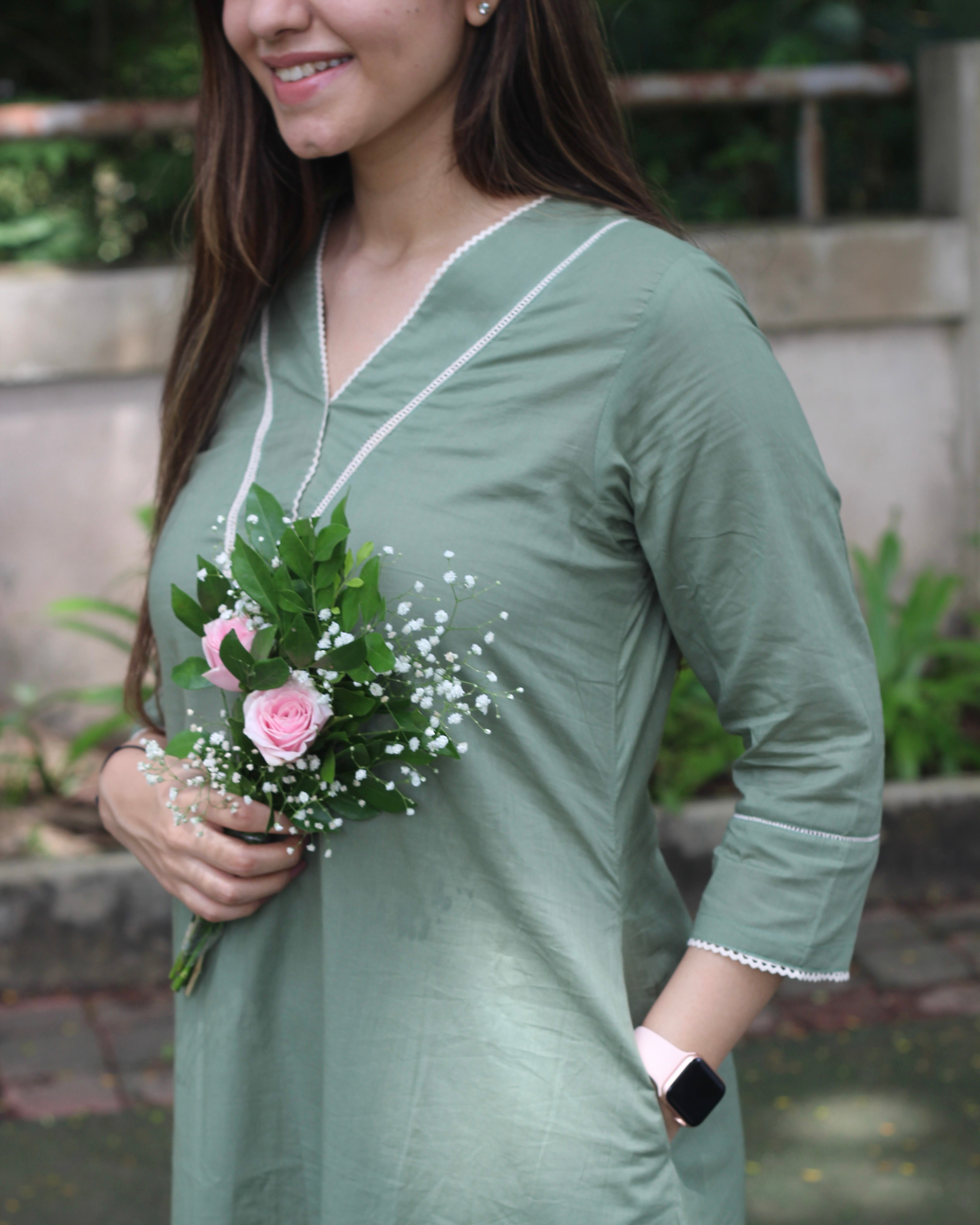 Premium Sage Green Long Kurta with Lace Detail