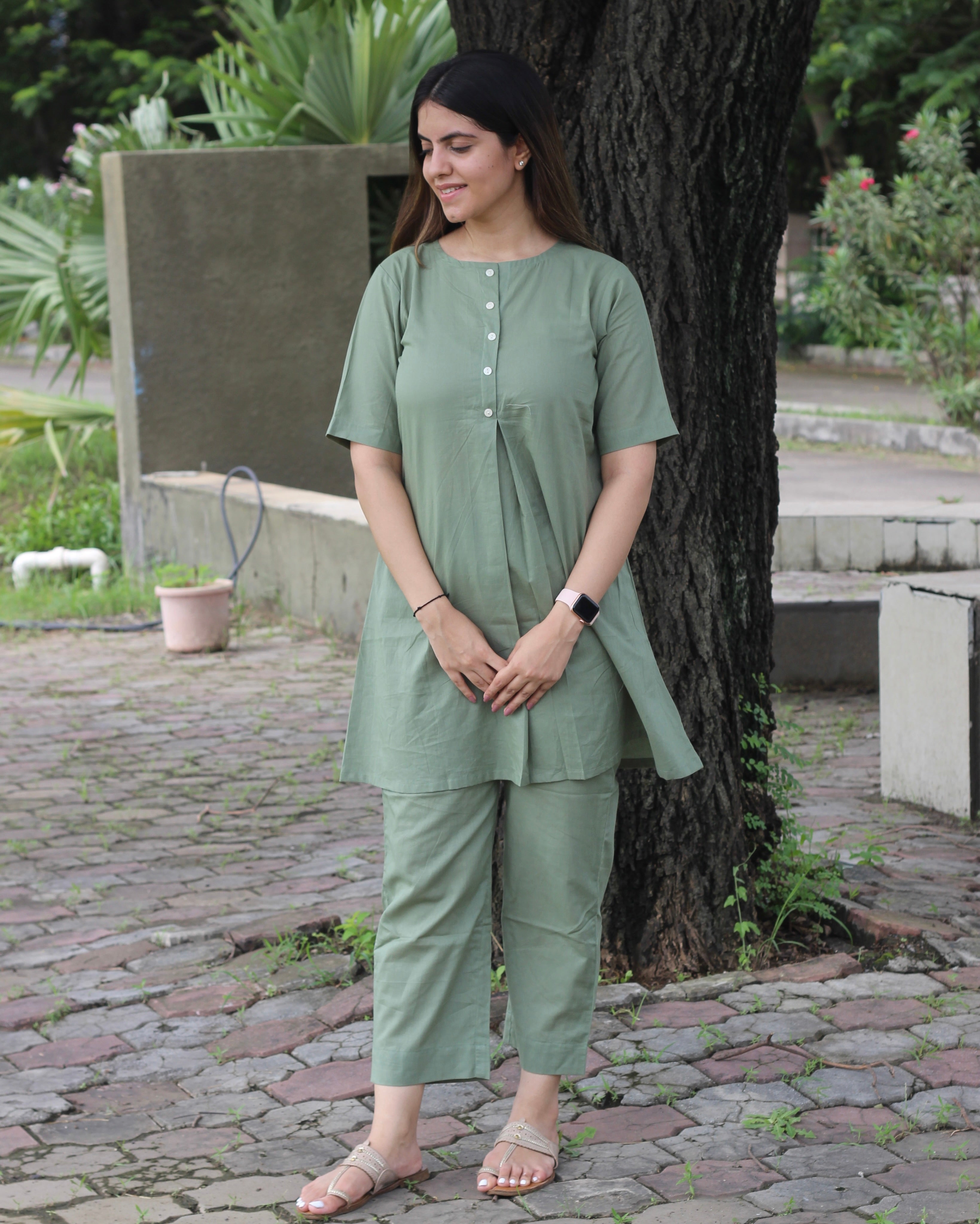 Premium Cotton Sage Green Lounge Set - Short Shirt for Youth and Long Top for Adults, with Comfortable Pants and Pockets
