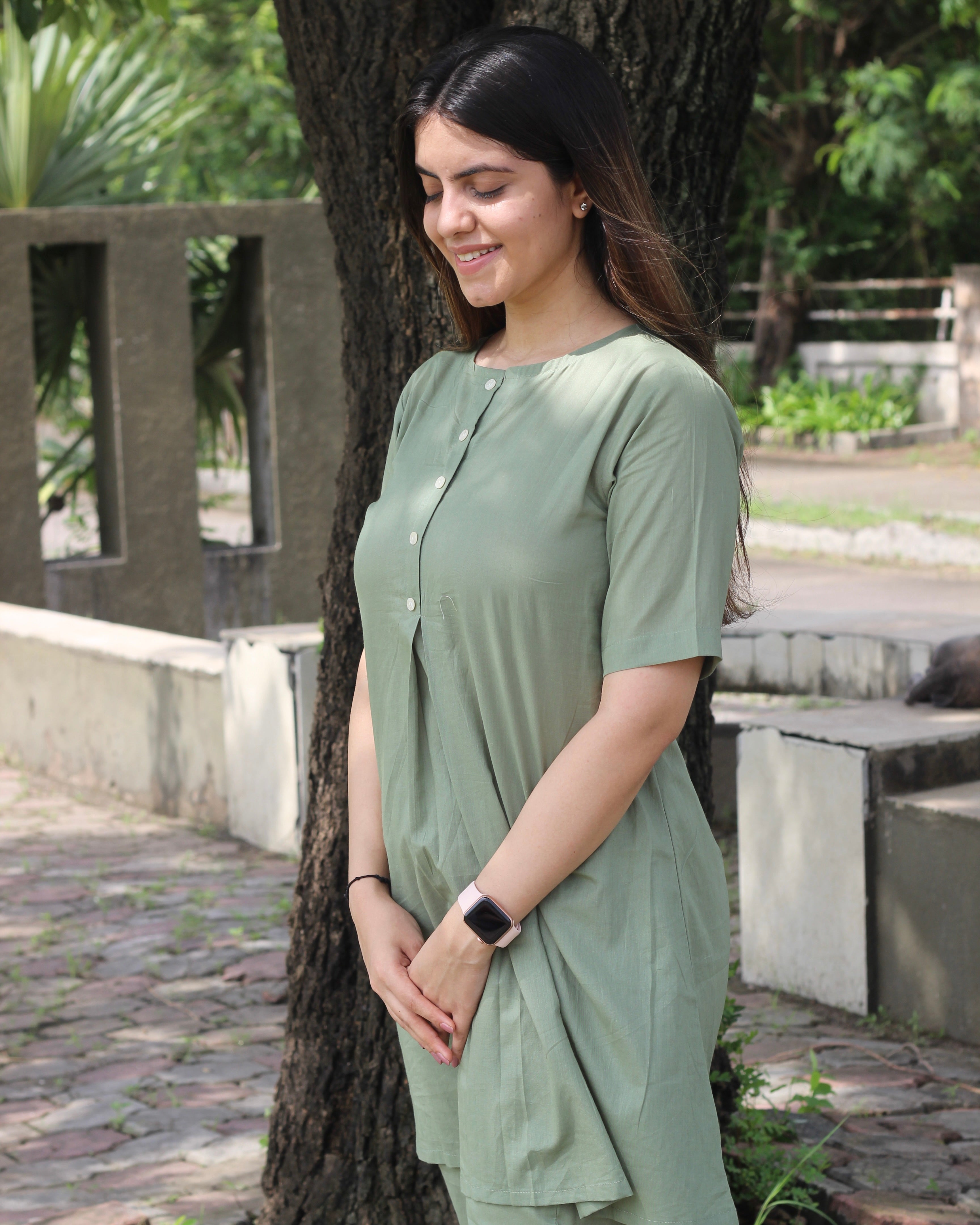 Premium Cotton Sage Green Lounge Set - Short Shirt for Youth and Long Top for Adults, with Comfortable Pants and Pockets