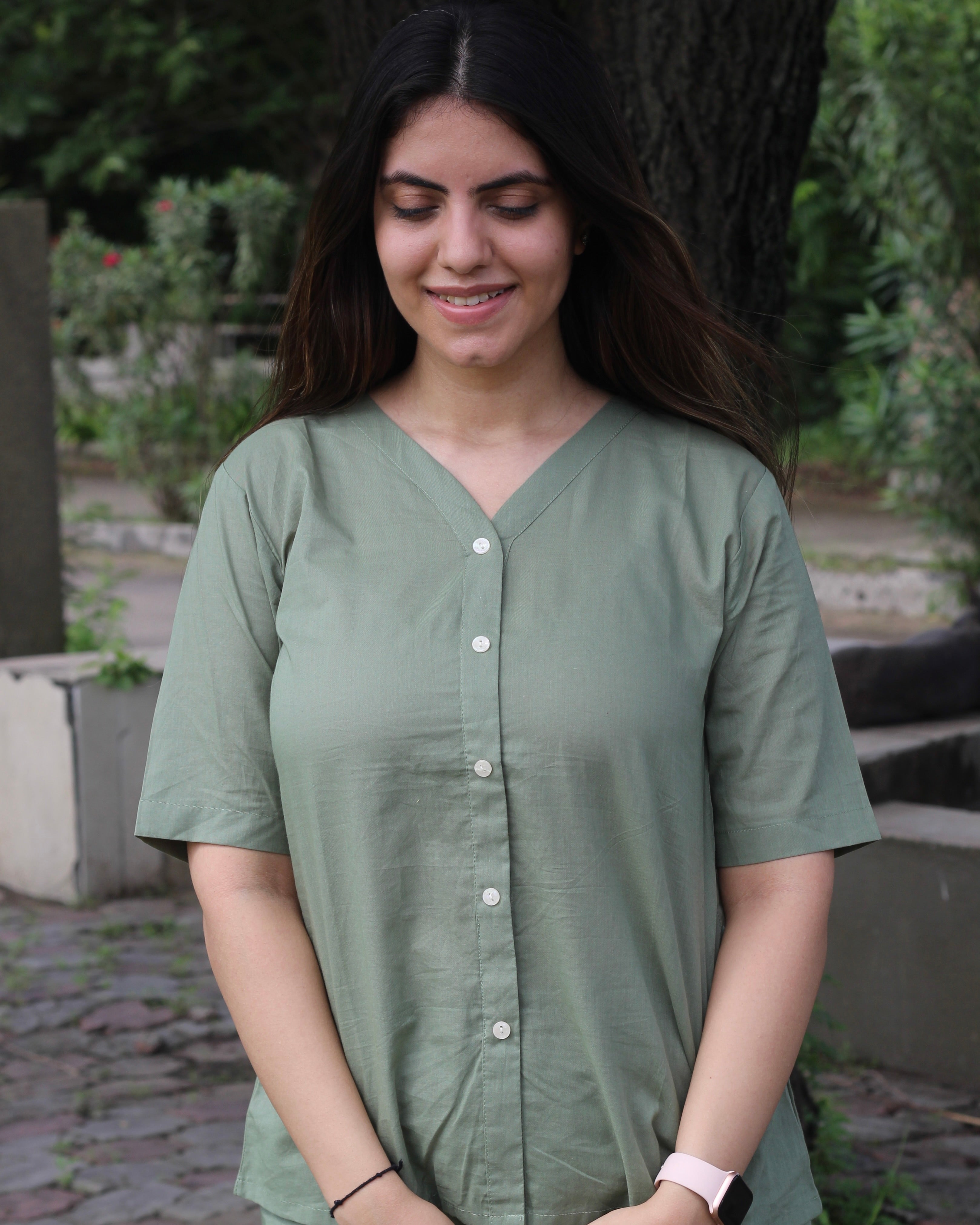 Premium Cotton Sage Green Lounge Set - Short Shirt for Youth and Long Top for Adults, with Comfortable Pants and Pockets