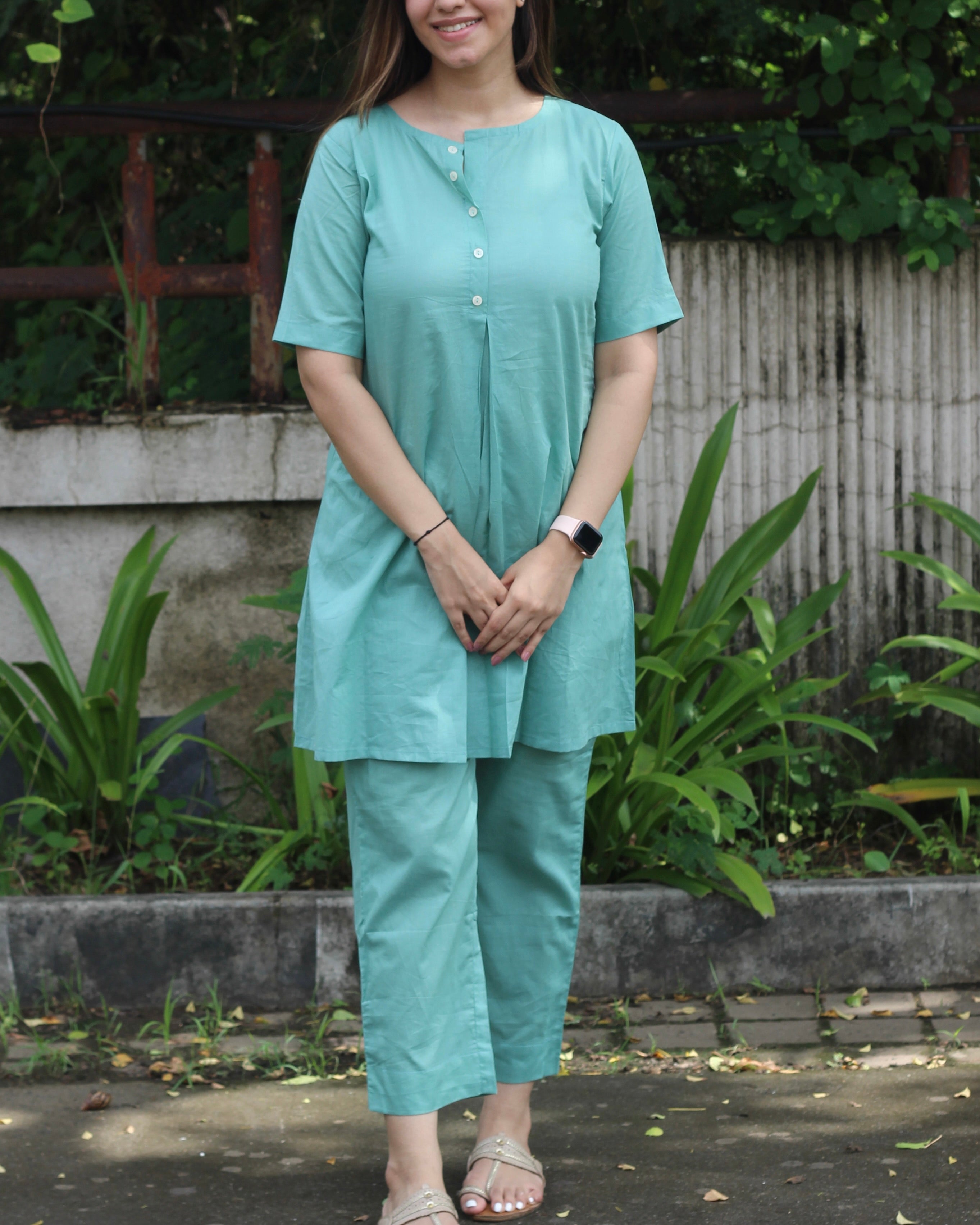 Premium Cotton Sky Blue Lounge Set - Short Shirt for Youth and Long Top for Adults, with Comfortable Pants and Pockets