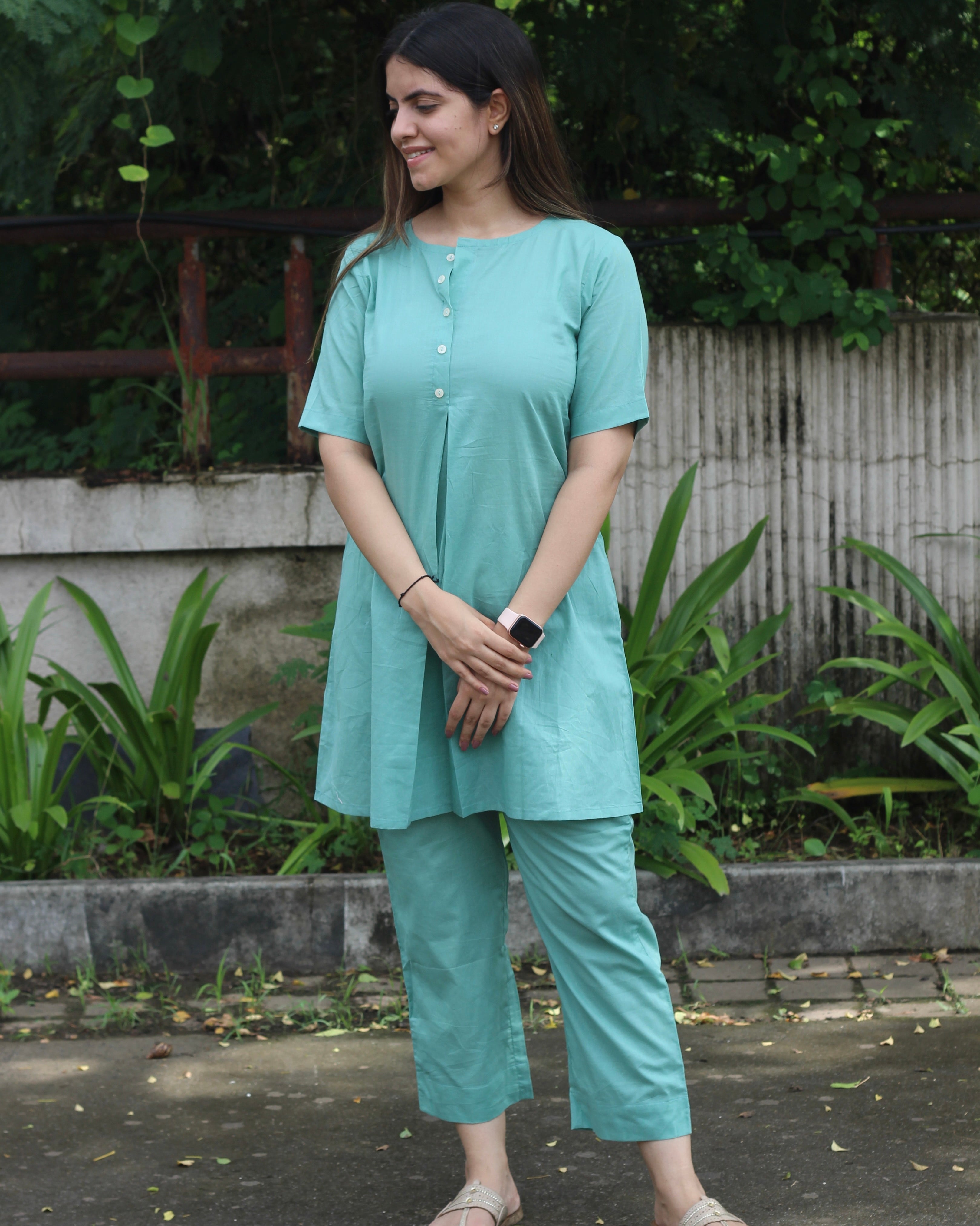 Premium Cotton Sky Blue Lounge Set - Short Shirt for Youth and Long Top for Adults, with Comfortable Pants and Pockets
