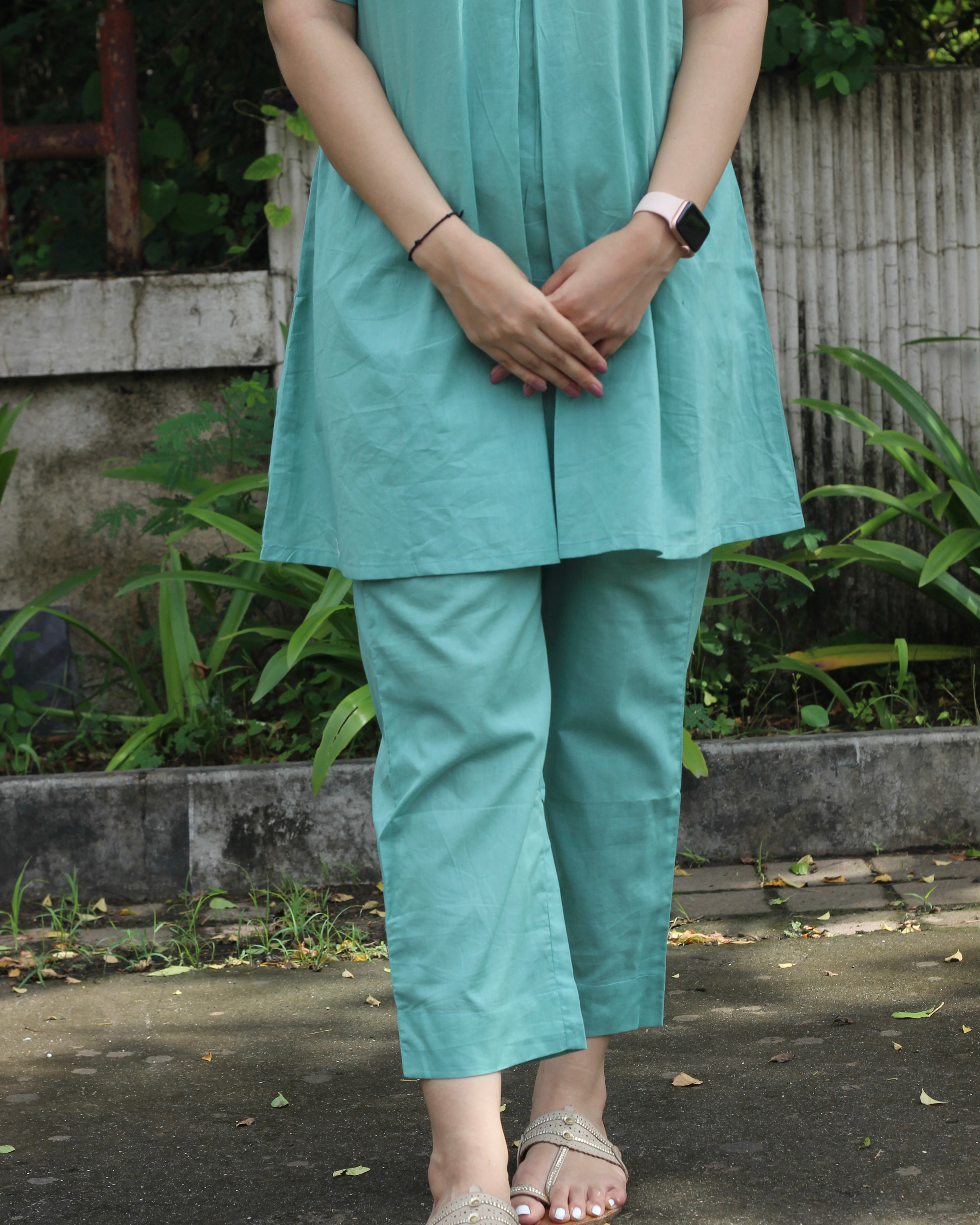 Premium Cotton Sky Blue Lounge Set - Short Shirt for Youth and Long Top for Adults, with Comfortable Pants and Pockets