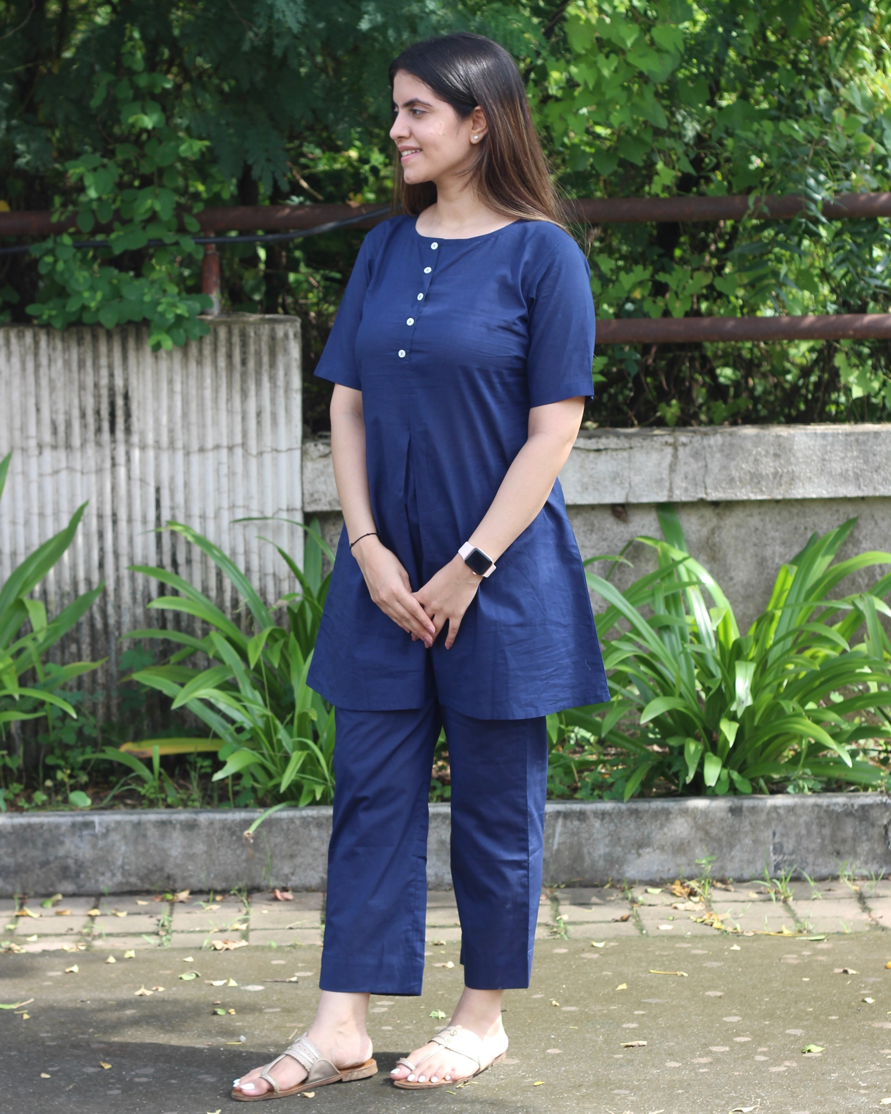 Premium Cotton Dark Blue Lounge Set - Short Shirt for Young and Long Top for Adults, with Comfortable Pants and Pockets