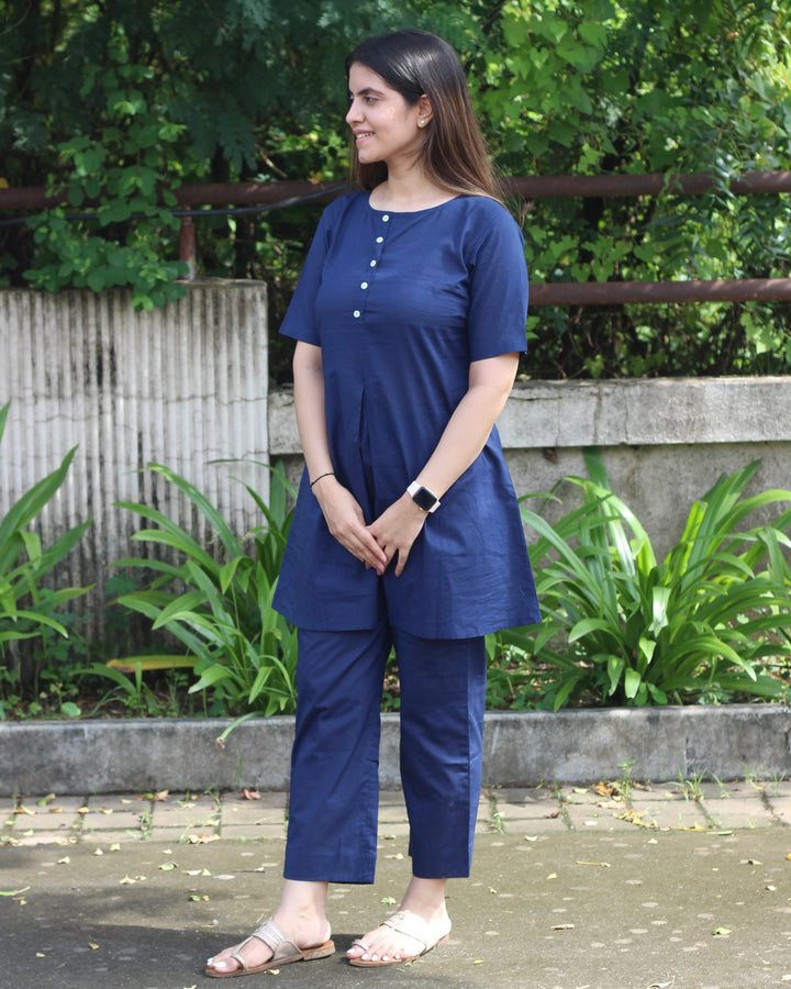 Premium Cotton Dark Blue Lounge Set - Short Shirt for Young and Long Top for Adults, with Comfortable Pants and Pockets