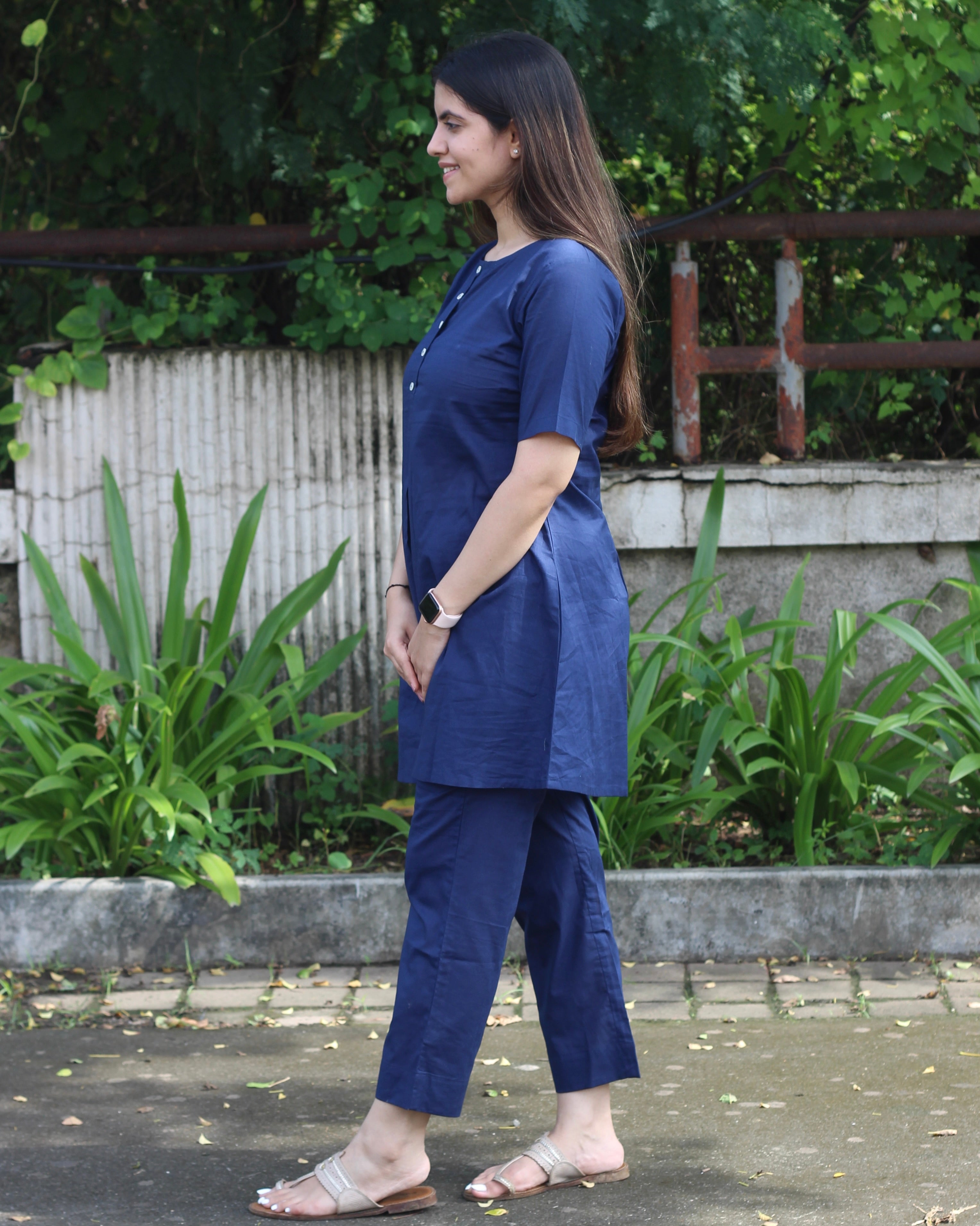 Premium Cotton Dark Blue Lounge Set - Short Shirt for Young and Long Top for Adults, with Comfortable Pants and Pockets