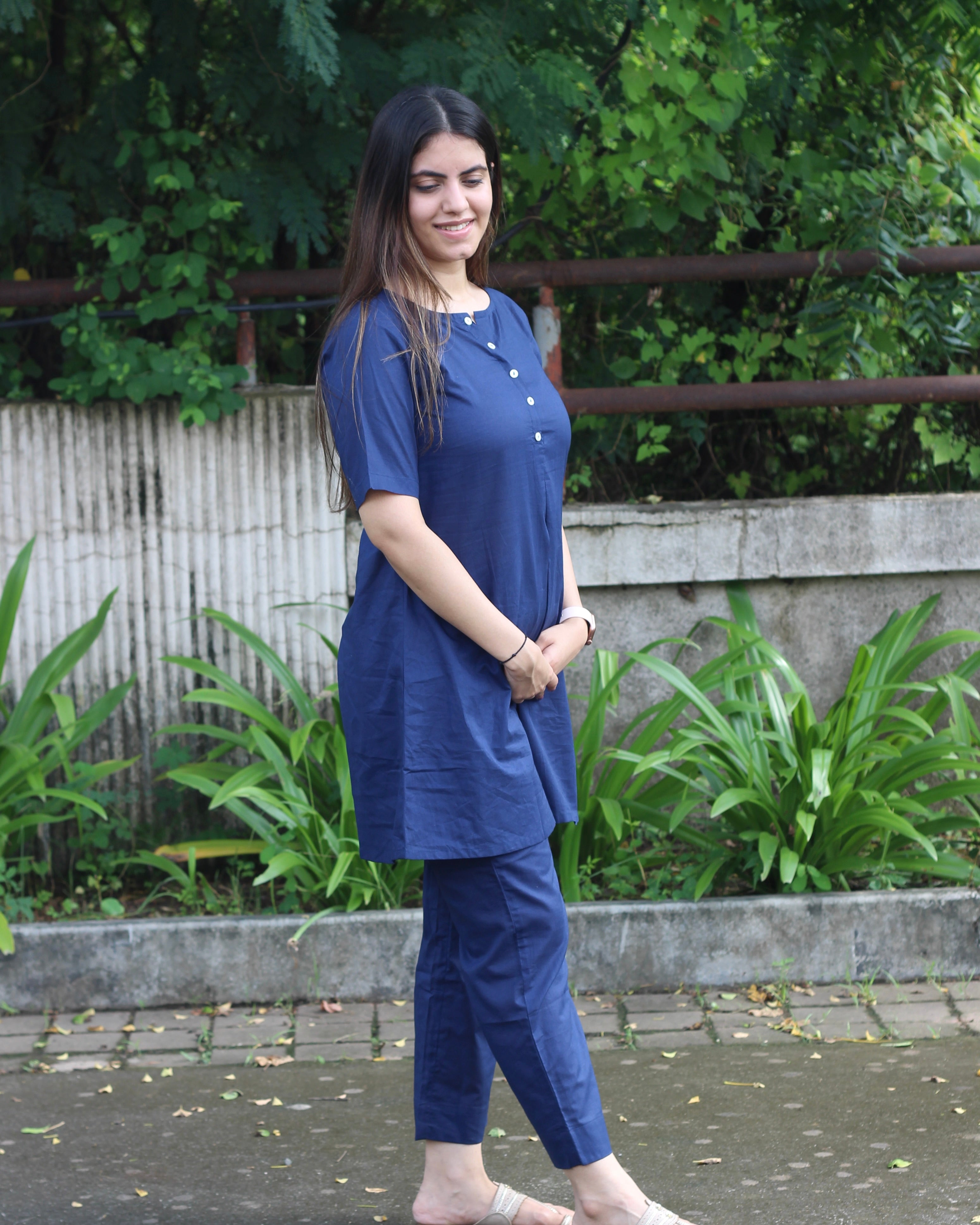 Premium Cotton Dark Blue Lounge Set - Short Shirt for Young and Long Top for Adults, with Comfortable Pants and Pockets