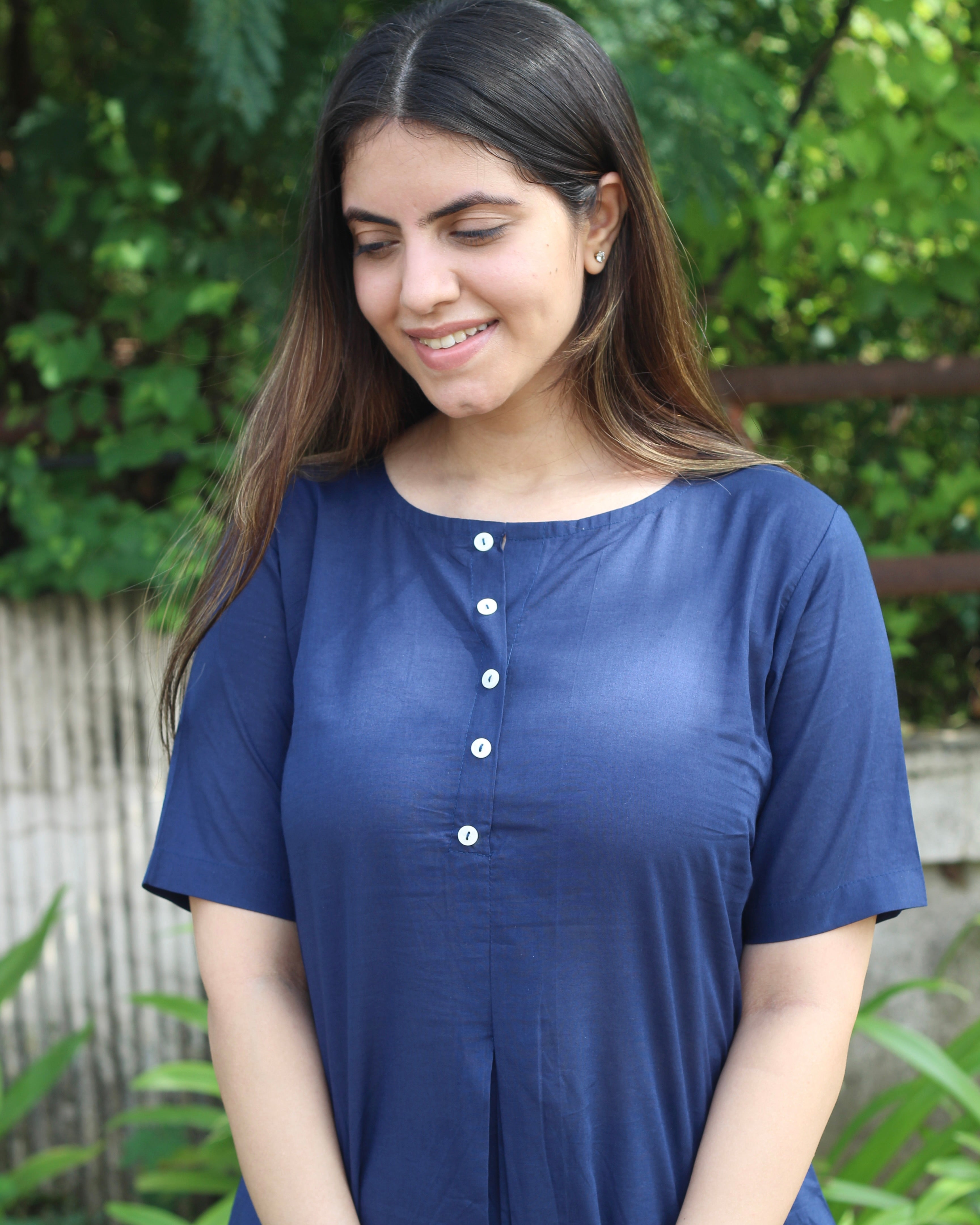 Premium Cotton Dark Blue Lounge Set - Short Shirt for Young and Long Top for Adults, with Comfortable Pants and Pockets