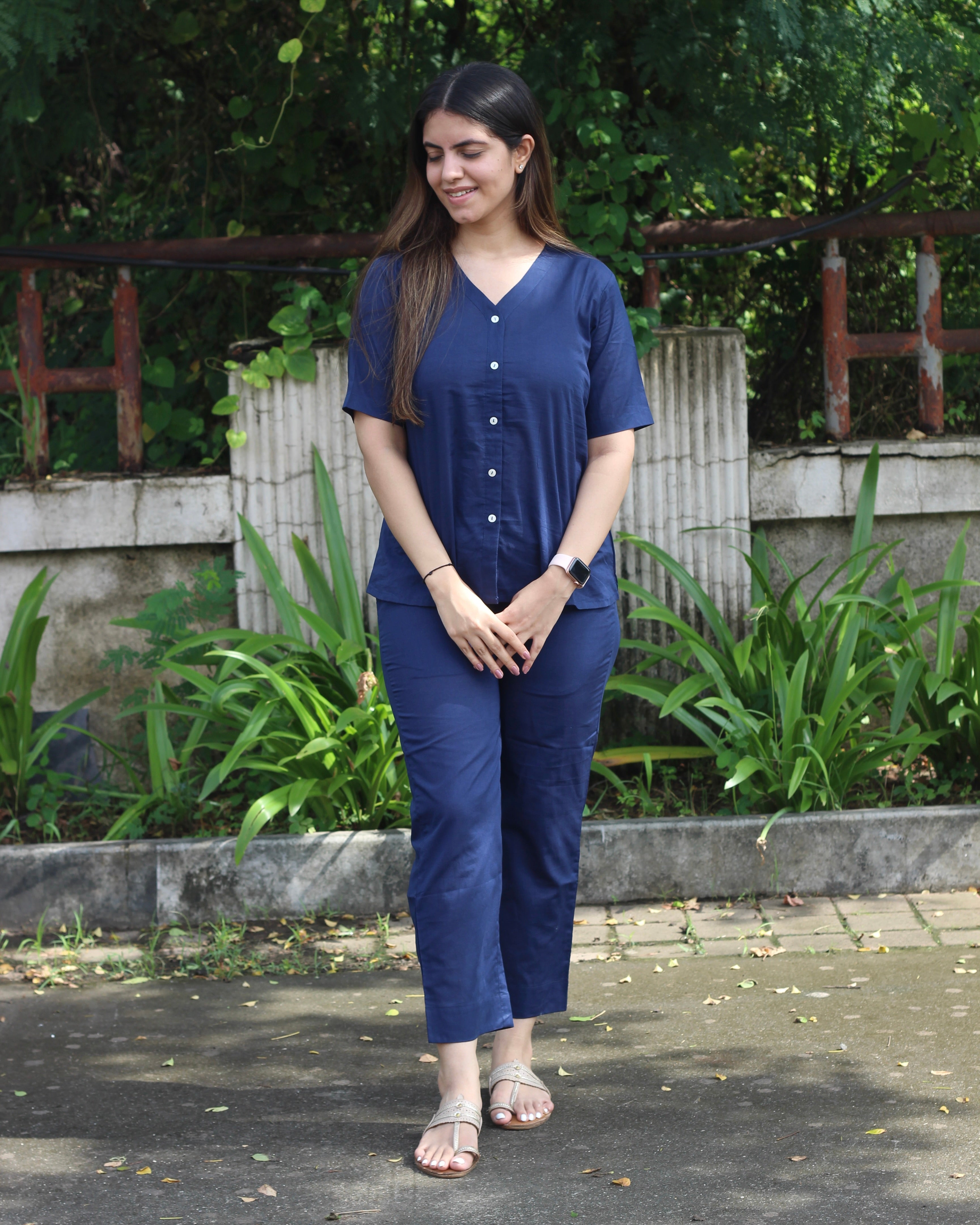 Premium Cotton Dark Blue Lounge Set - Short Shirt for Young and Long Top for Adults, with Comfortable Pants and Pockets